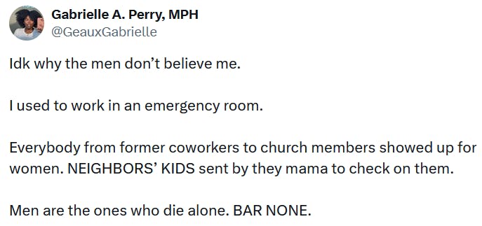 Tweet reading 'Idk why the men don’t believe me. I used to work in an emergency room. Everybody from former coworkers to church members showed up for women. NEIGHBORS’ KIDS sent by they mama to check on them. Men are the ones who die alone. BAR NONE.'