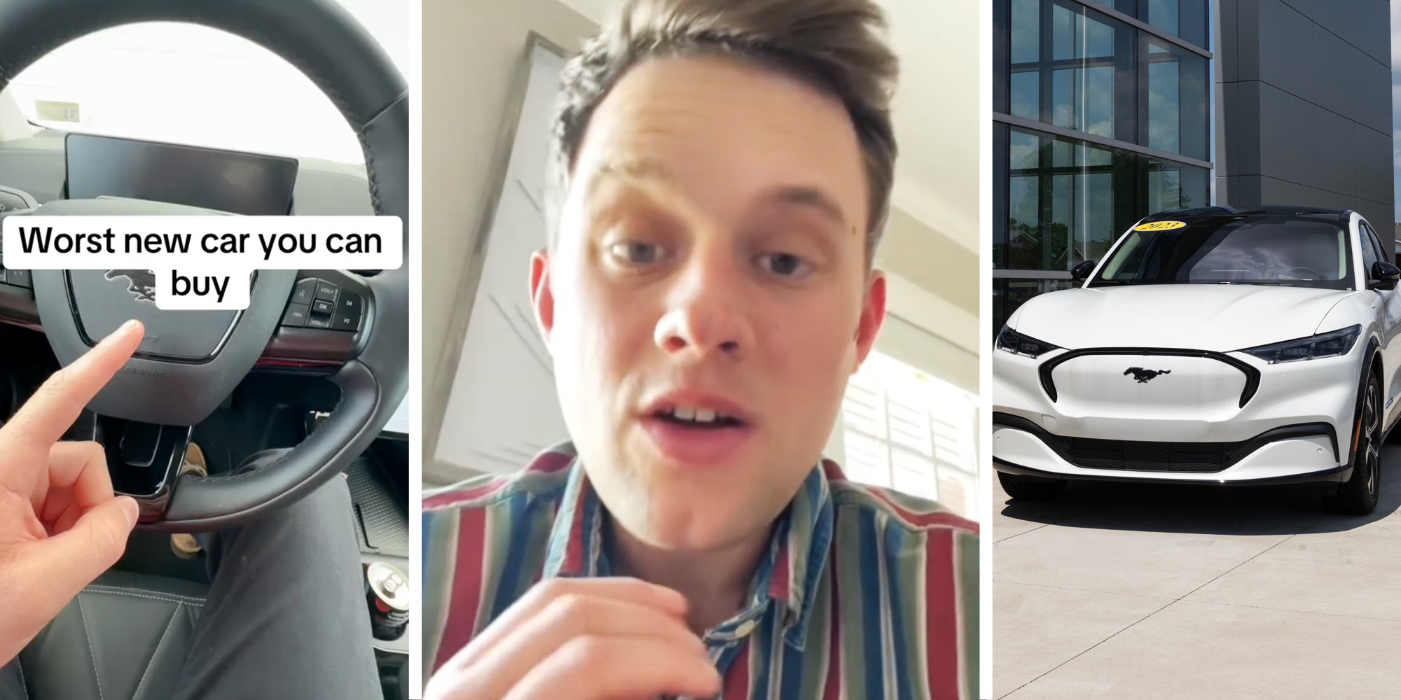 Hand pointing to steering wheel with text that says 'worst new car you can buy'(l), Man talking(c), Ford Mustang(r)