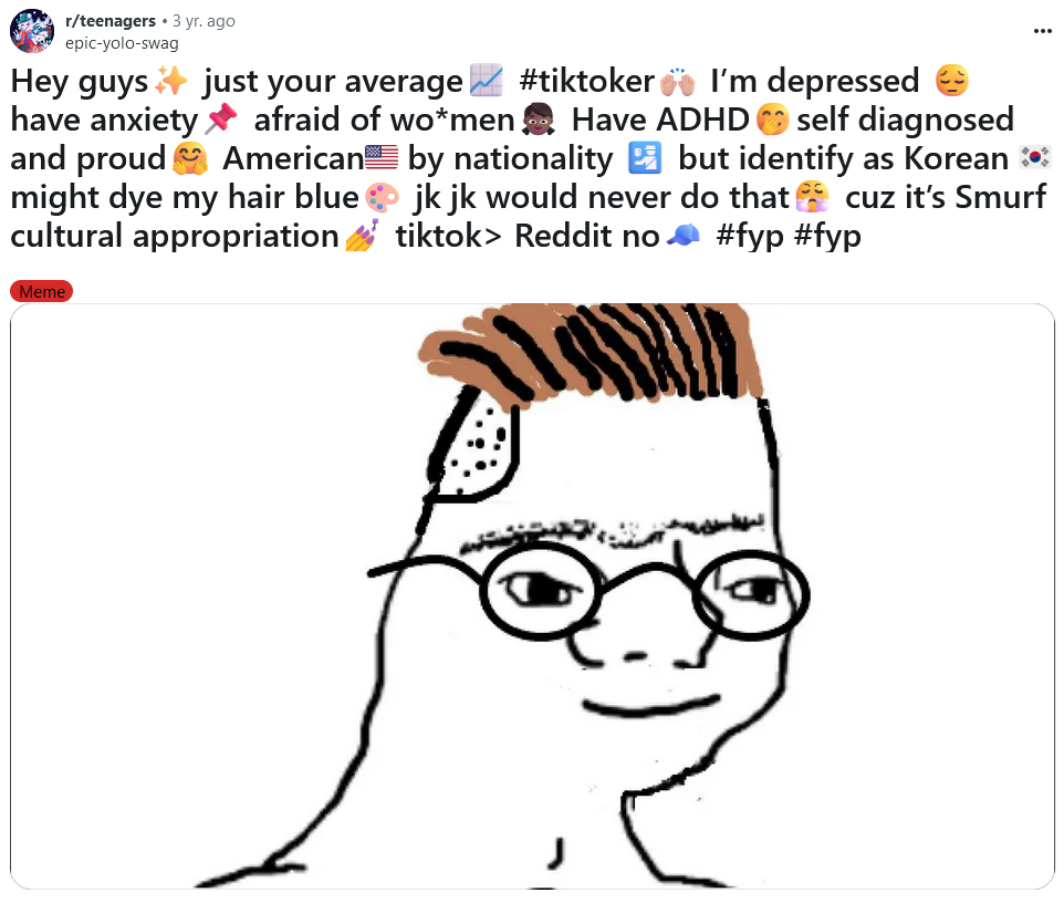 Drawing of a young person in glasses with a shaved sides haircut using Gen Z slang.