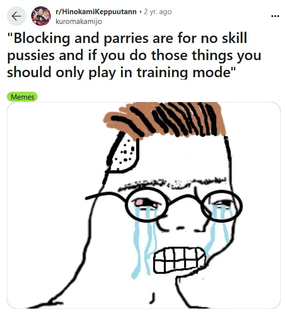 Crying Zoomer Wojak meme about blocking and parrying in video games.