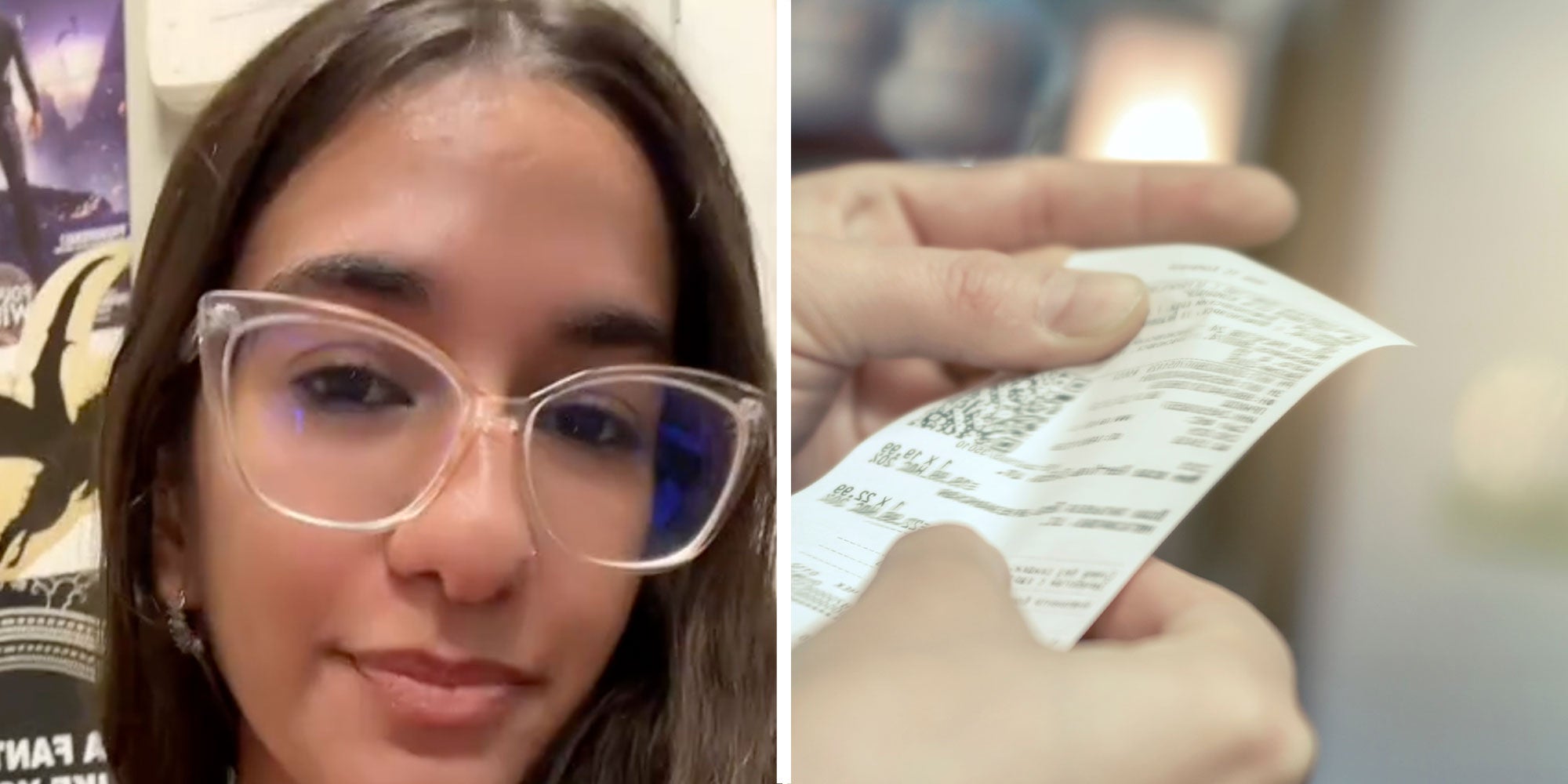 Two panel design with a woman looking unimpressed at the camera, next to an image of someone holding a receipt