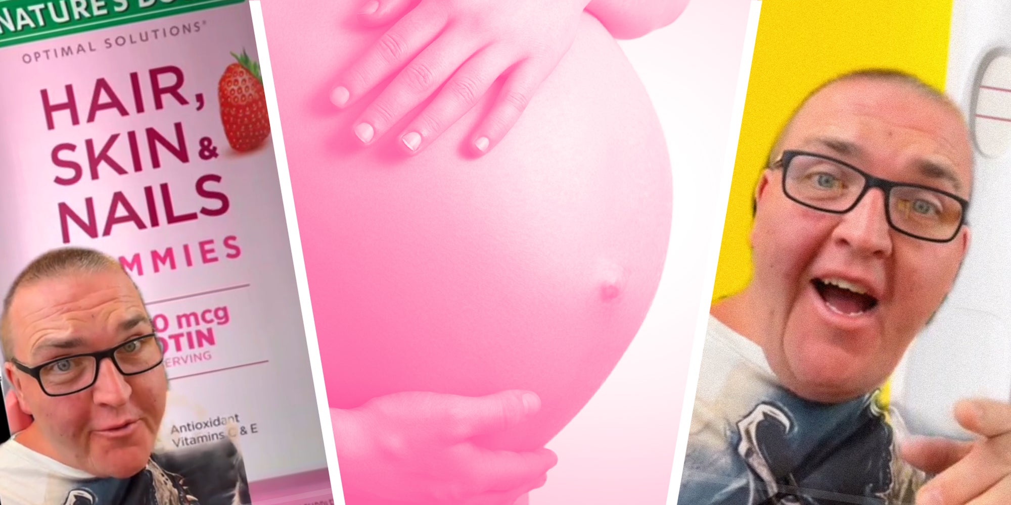 3 panel image: on the sides a person explains, in the middle we see a pregnant person.