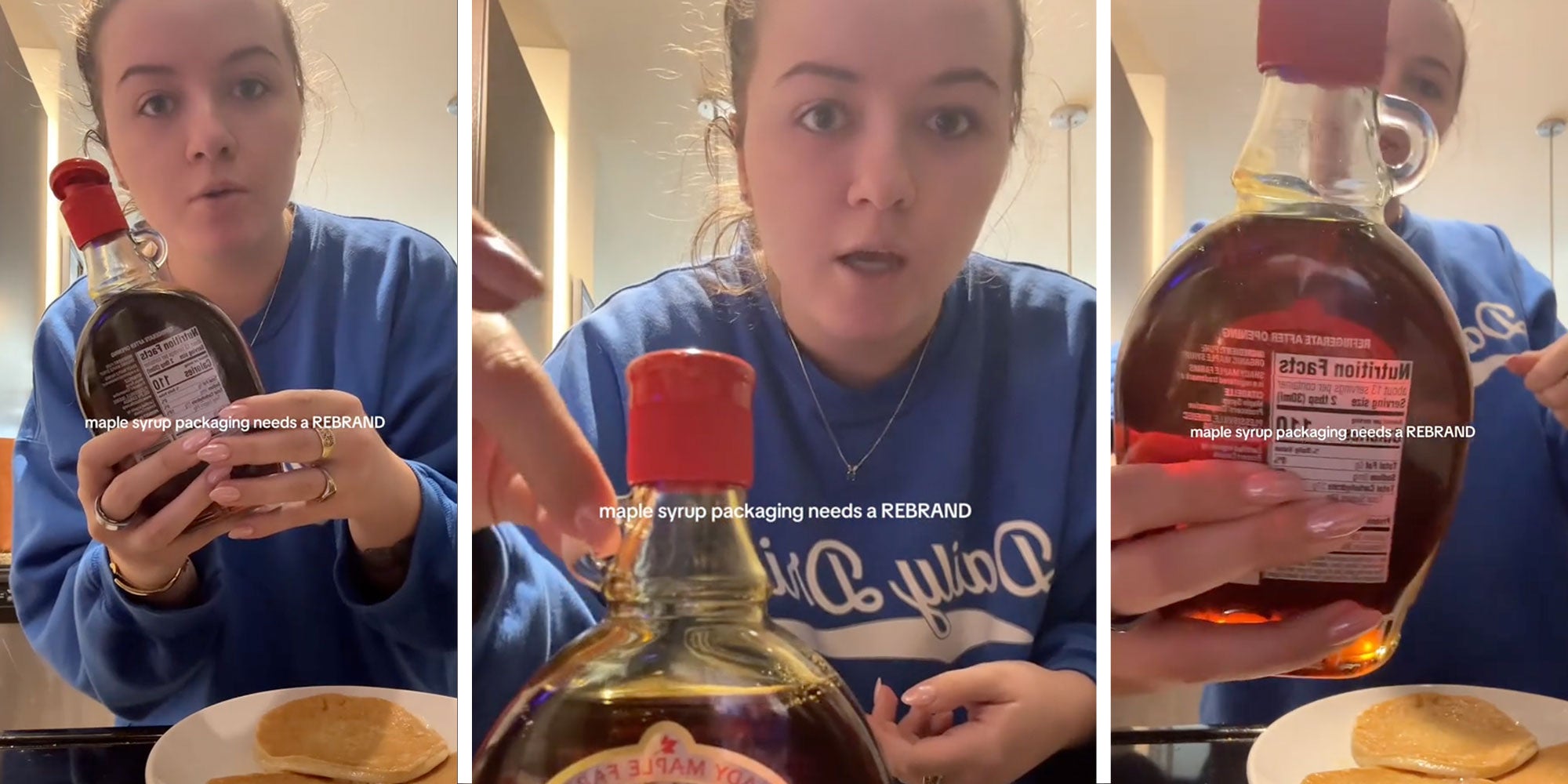 Three images of @qster14's Tiktok with the caption 'maple syrup packaging needs a REBRAND'