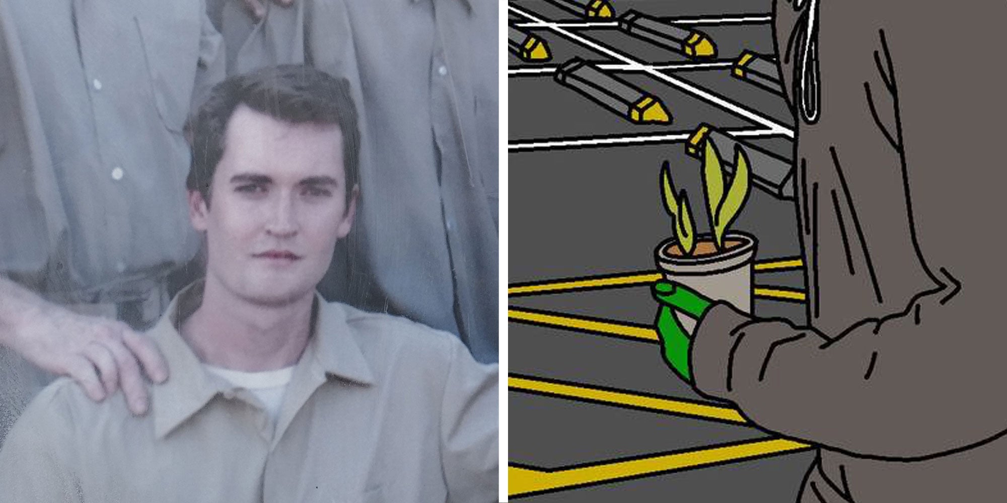 Two panel design with a shot of Ross Ulbricht, next to an image of a potted plant