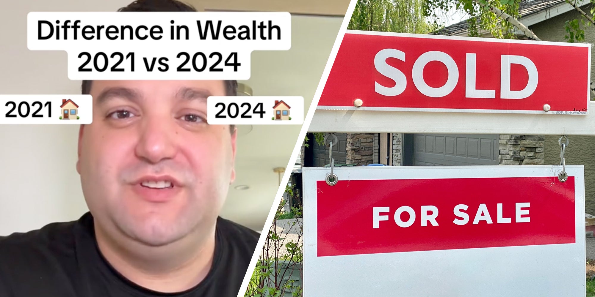 Man talking with text 'Difference in Wealth 2021 vs 2024'(l), For sale sign with sold on top(r)