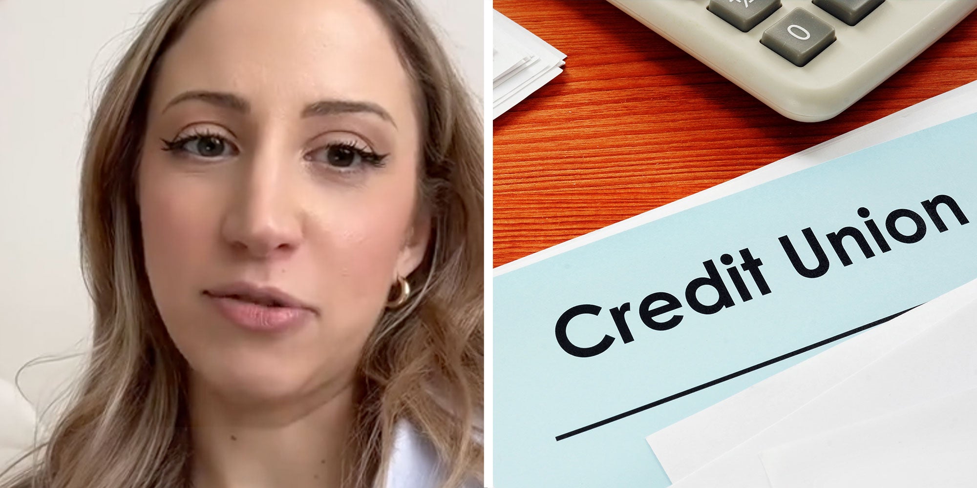 Two panel design with a woman looking and talking at the camera, next to an image of a desk with the words 'Credit Union' on a piece of paper