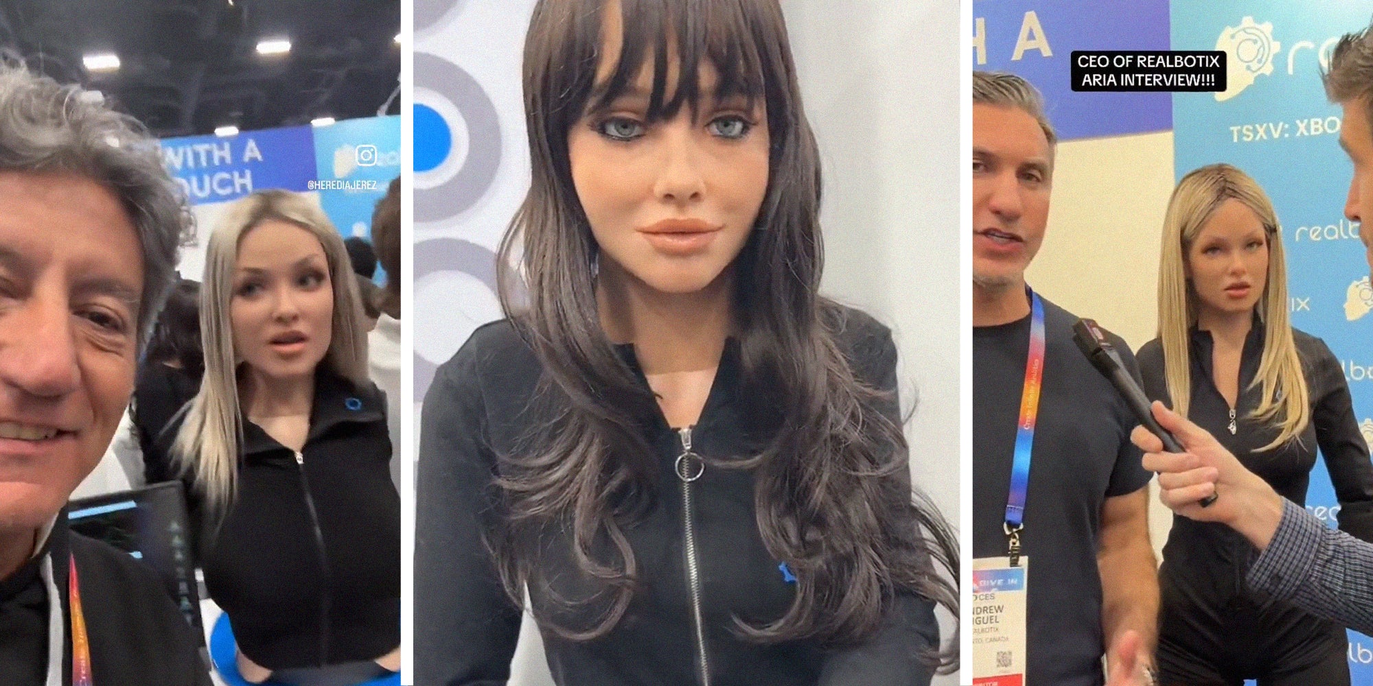 Man taking selfie near Blonde Woman Robot(l) Black hair female robot(c) Ceo of RealBotix being intereview(r)