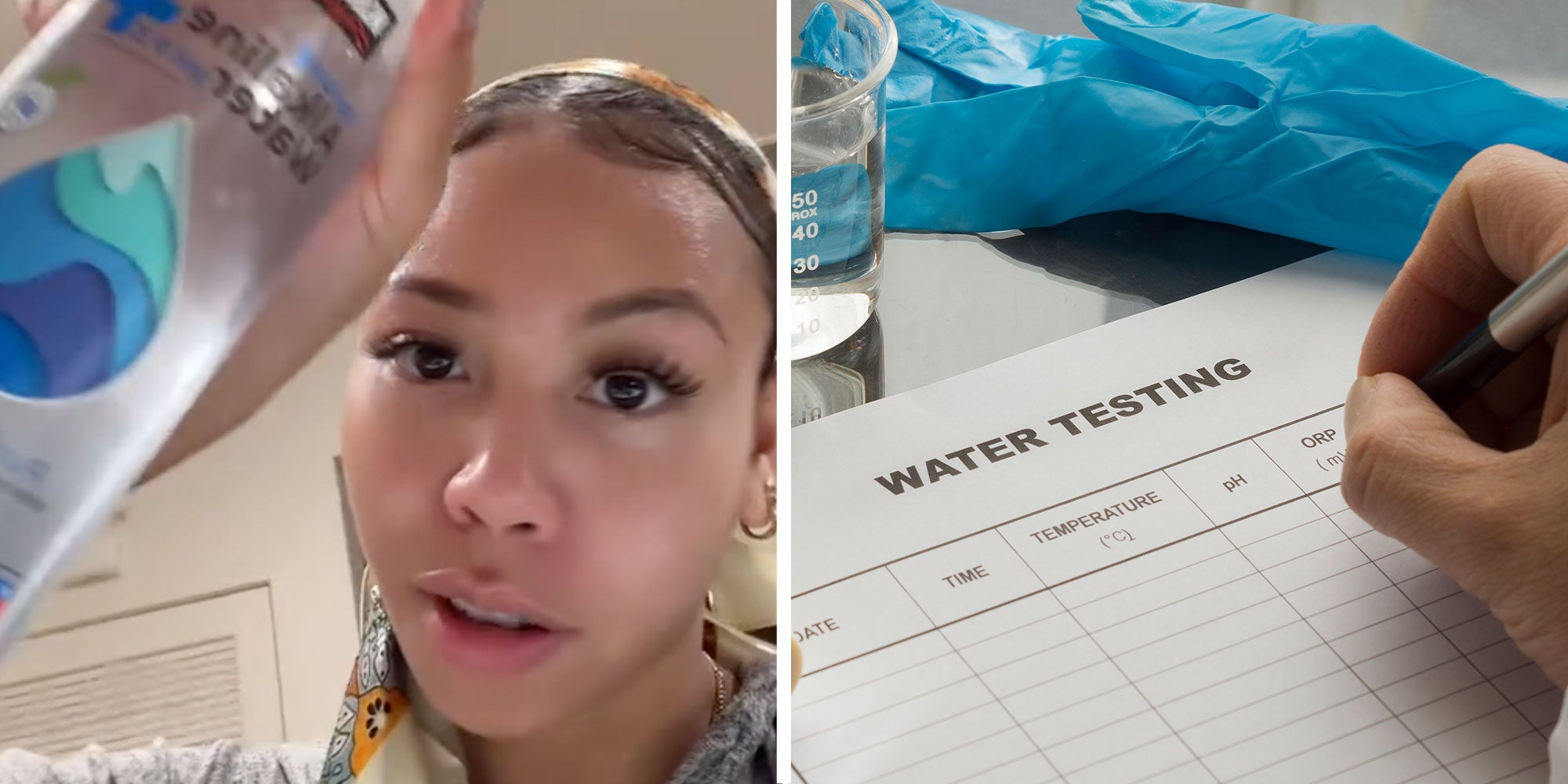 Two panel design with a woman holding up a water bottle from Costco, next to an image of someone water testing