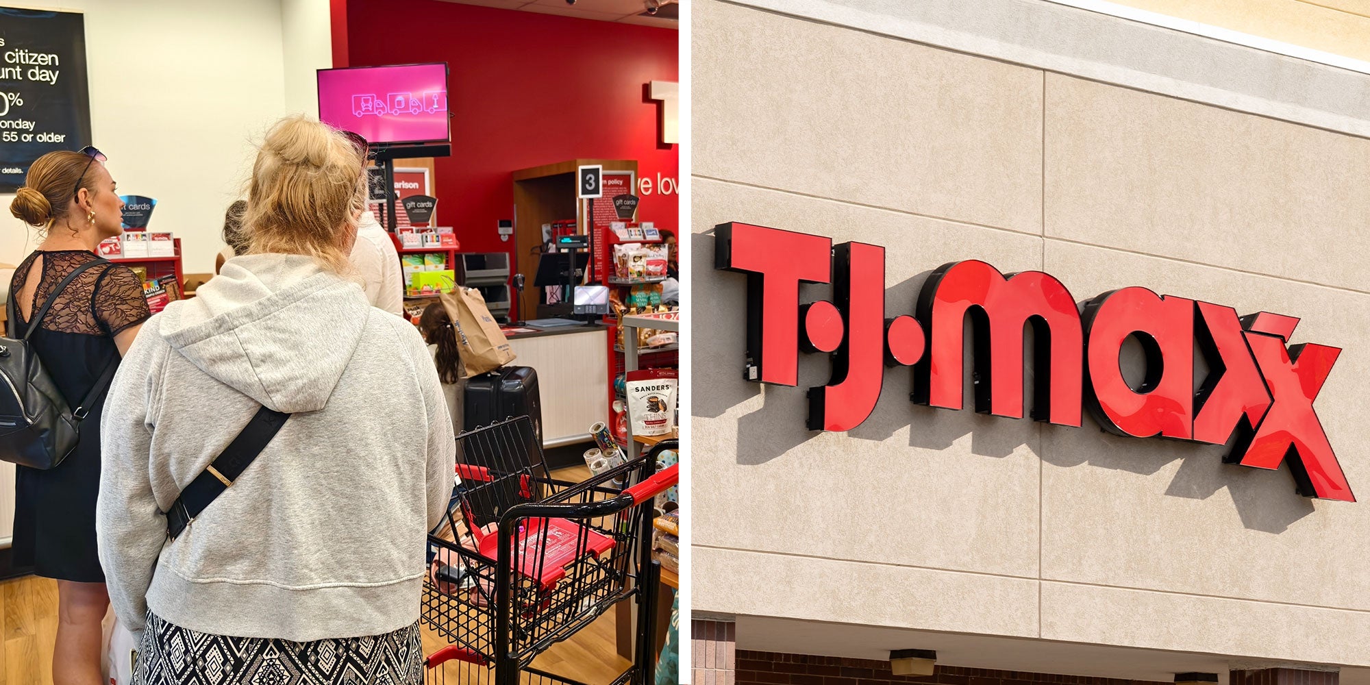 Two panel design with a line forming at a TJ Maxx, next to an image of a TJ Maxx sign
