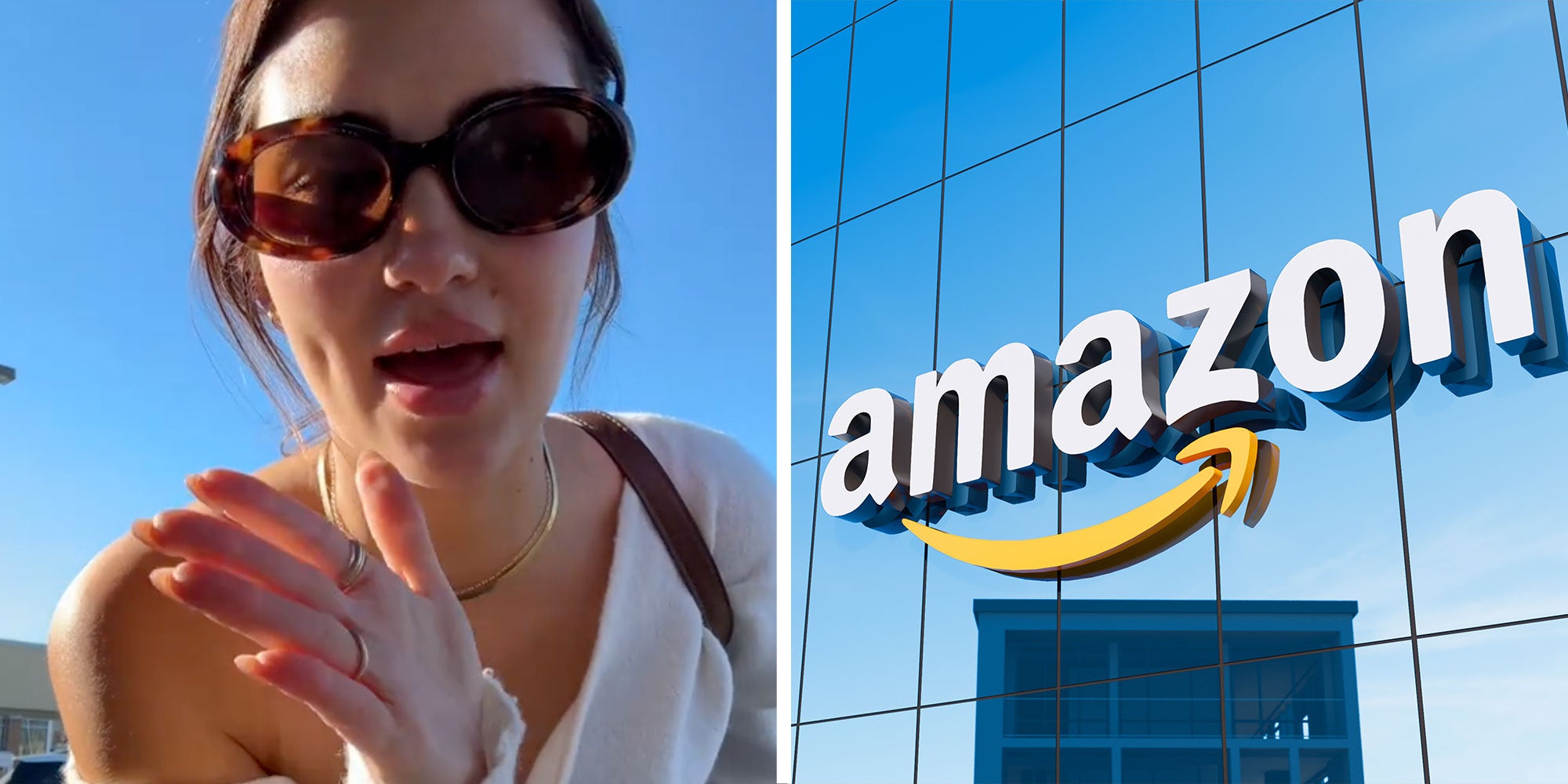 Two panel design with a woman looking at the camera, she is outside and looks upset, next to an image of an Amazon.com building