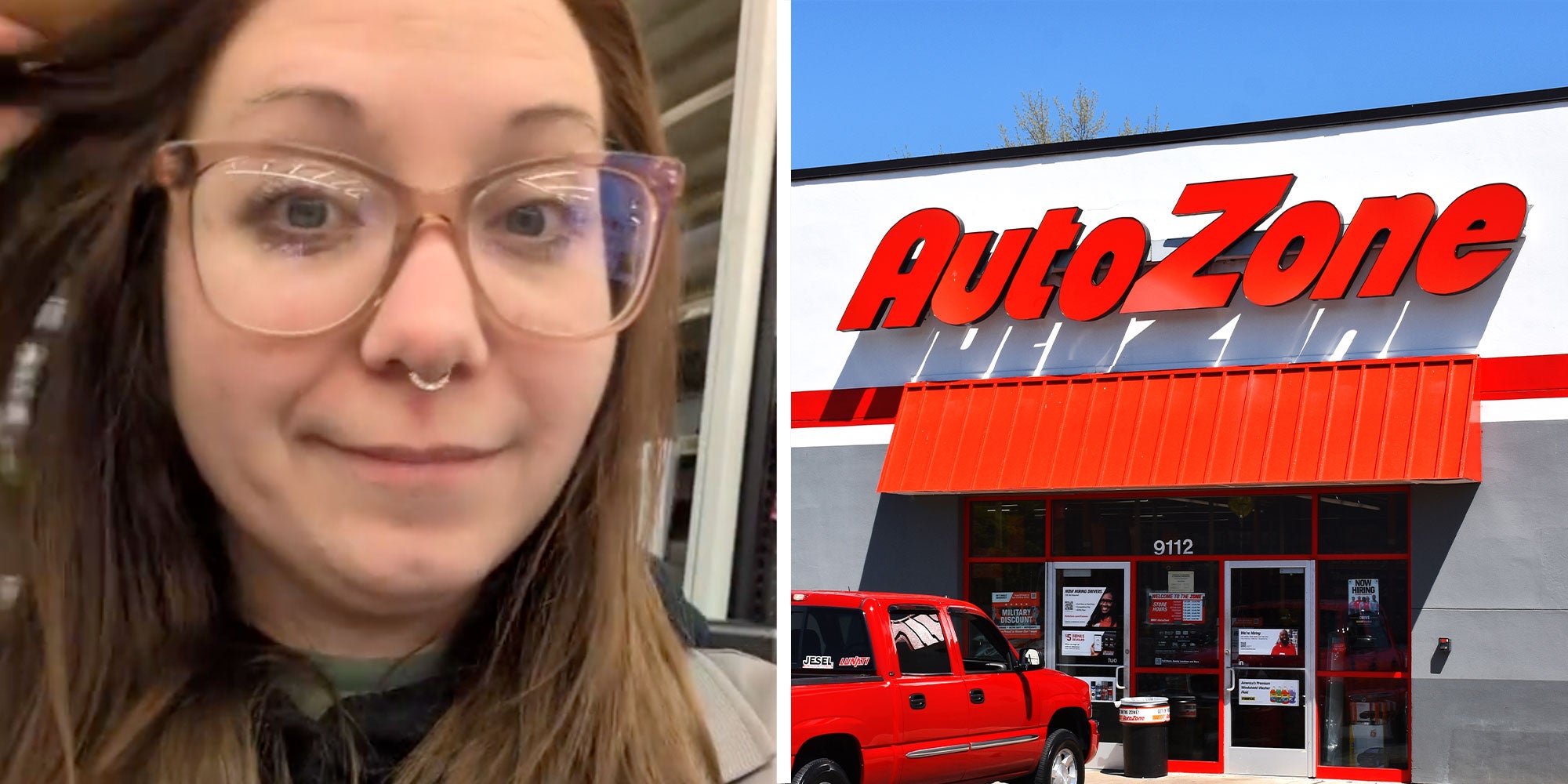 two panel design with a woman looking with a smirk on her face and at the camera, next to an image on an AutoZone