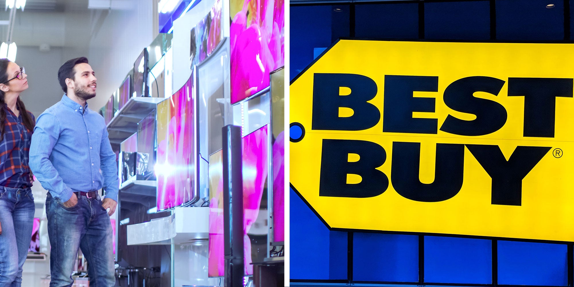 Two panel design with a couple looking at TVs, next to an image of a Best Buy sign