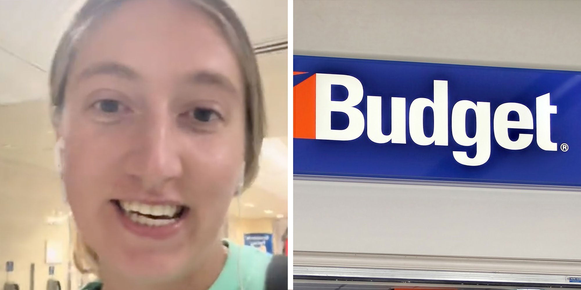 Two panel design with a woman who is talking and looking at the camera, next to an image of a Budget sign