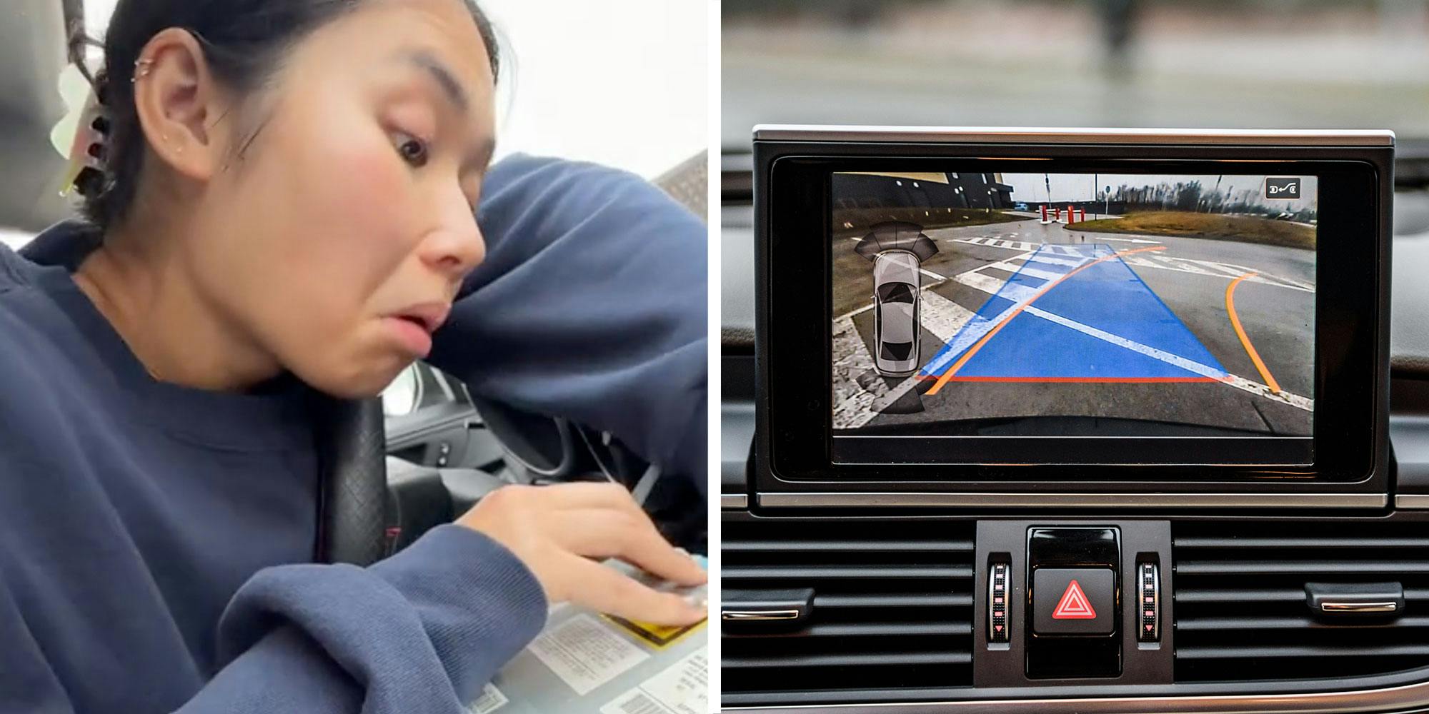 Two panel design with a woman working on her car, next to an image of a back up camera on a dash