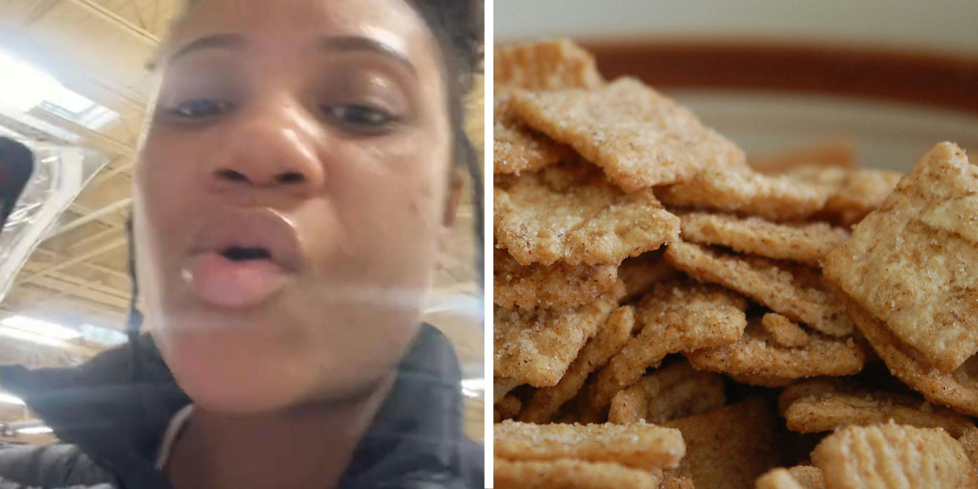 Two panel design with a person walking and talking to the camera in a grocery store, next to an image of cinnamon toast crunch cereal