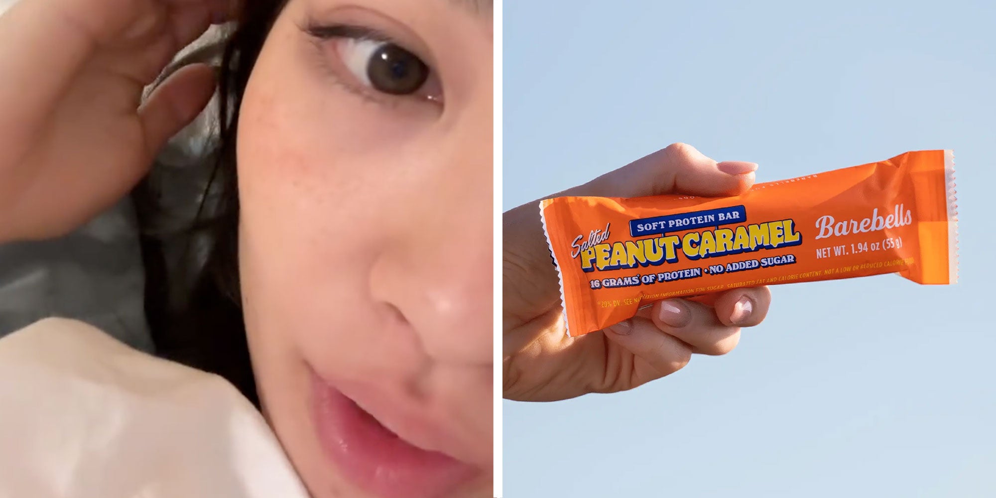 Two panel design with a woman talking in her bed very close to the camera, next to an image of a BareBells Protein bar