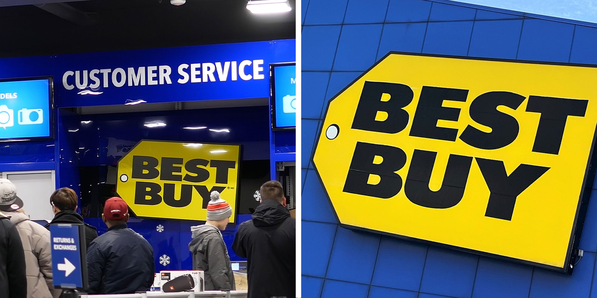 Two panel design with customers inline at a Best Buy, next to an image of a Best Buy sign