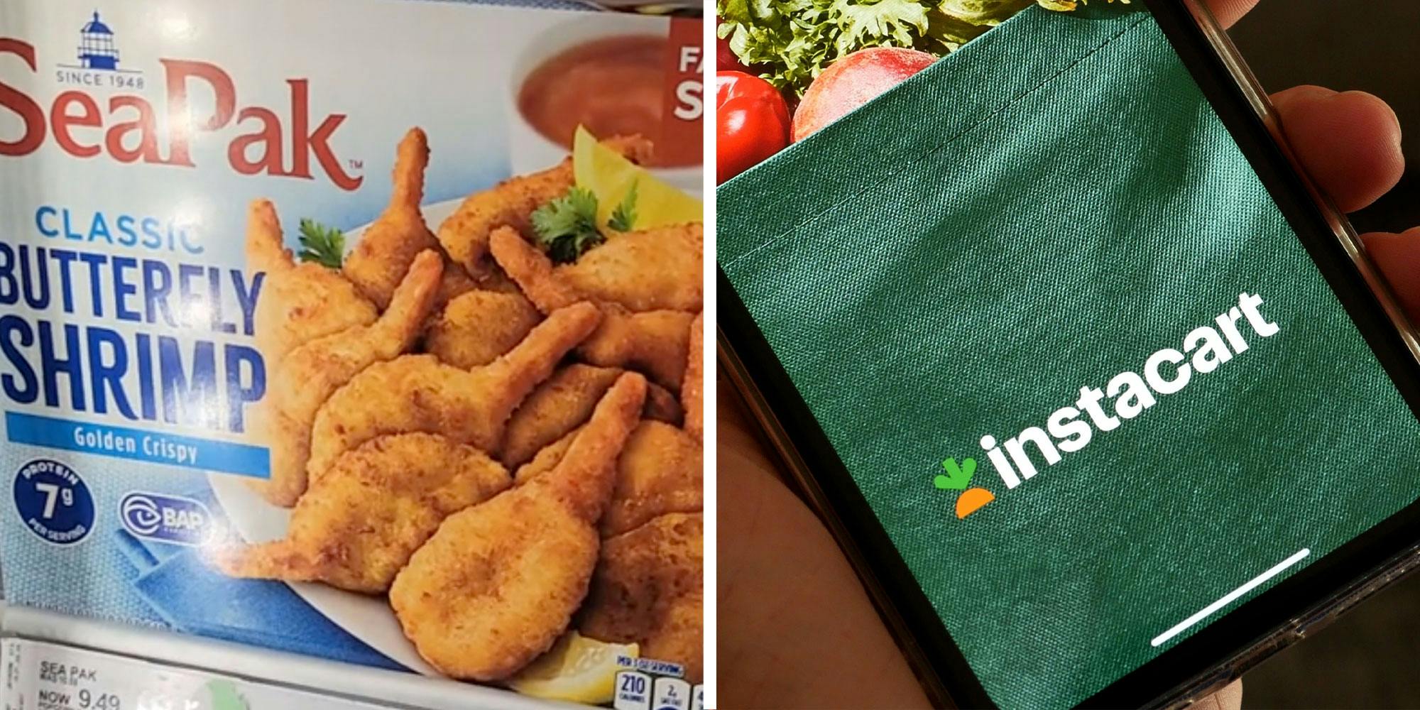 Two panel design with a close up of a box of butterfly shrimp next to an image of a phone with the instacart logo on it