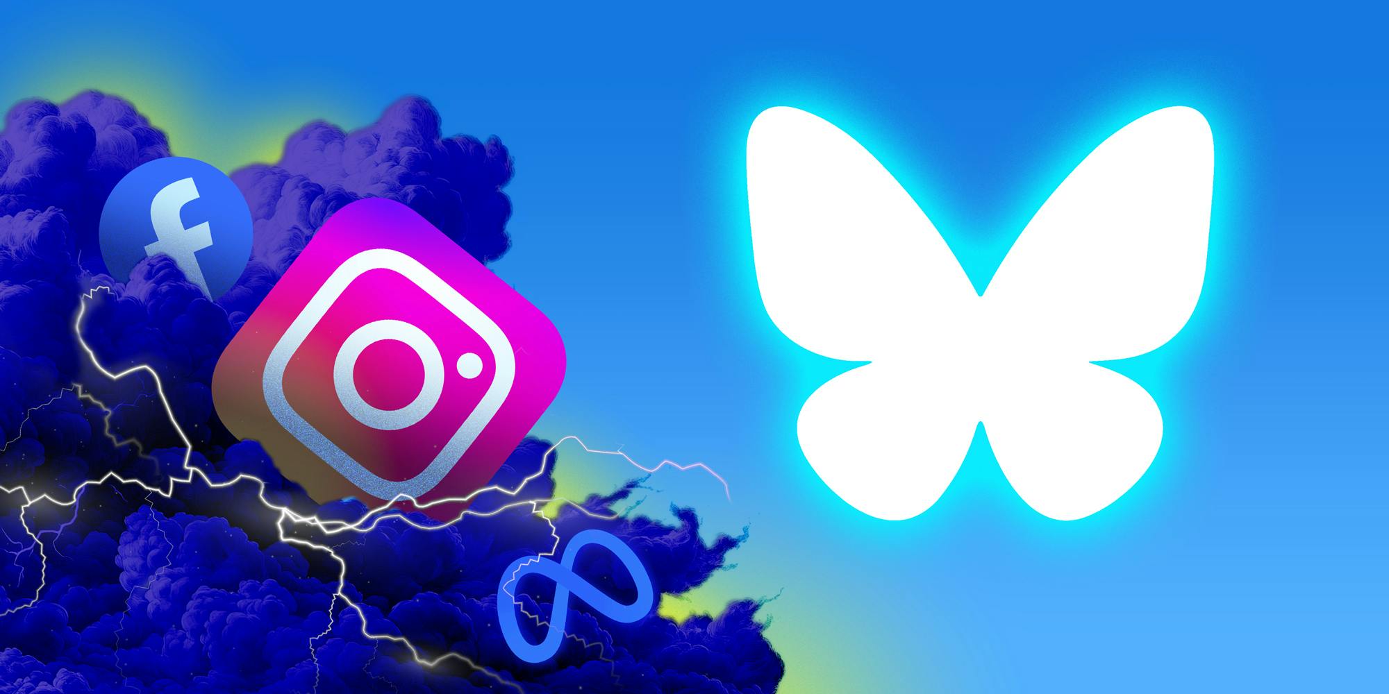 Illustration of a the logos for Instagram, Meta, and FB being engulfed by an angry thundercloud while the Bluesky logo floats in a tranquil, clear sky.