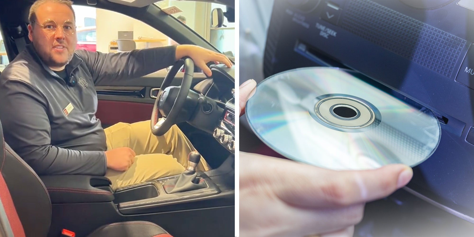 two panel design with a man sitting in his car talking at the camera, next to an image of someone putting a CD into a car