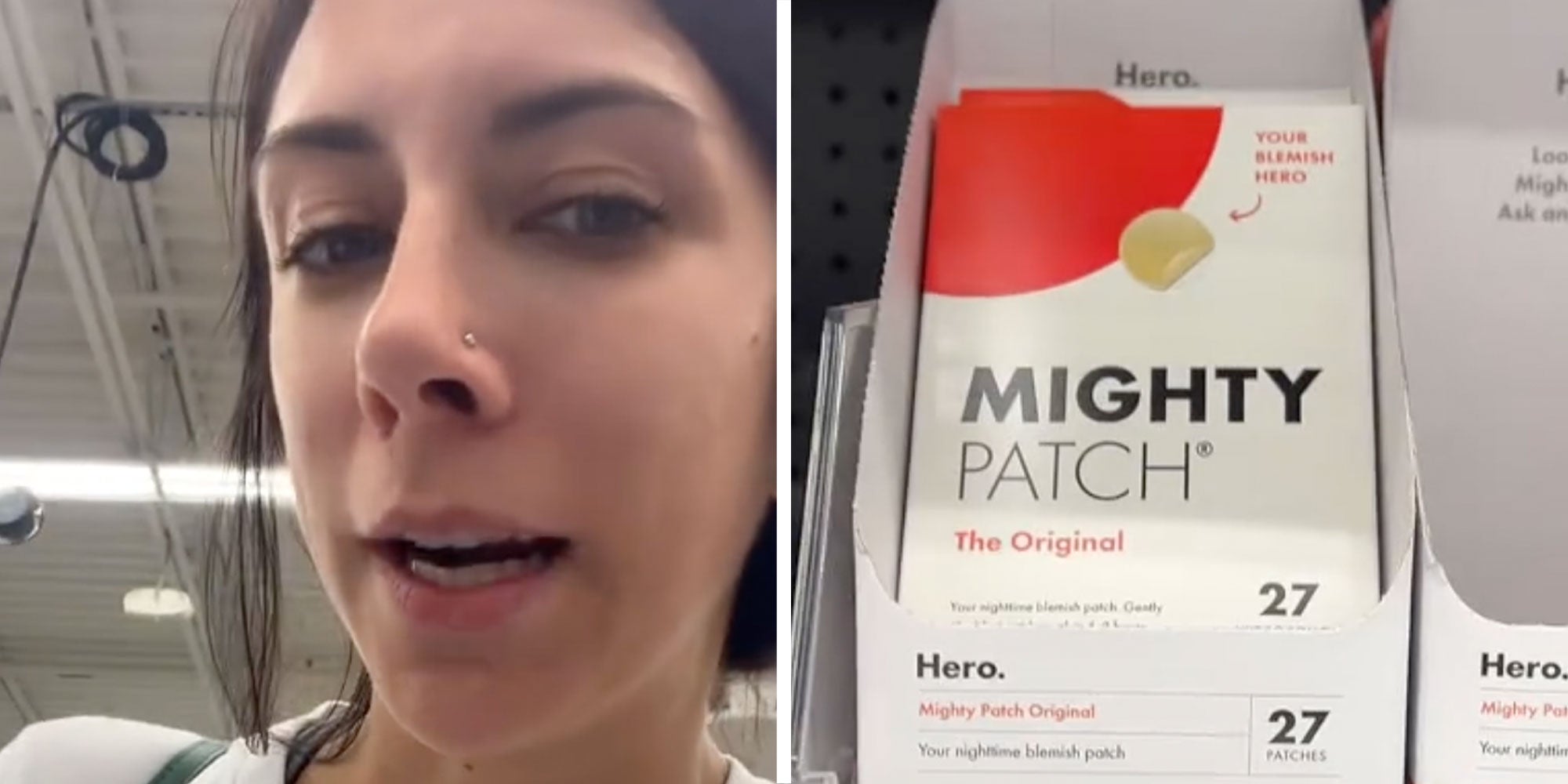 Two panel design with a woman looking and talking at the camera, next to an image of a product called Mighty Patch