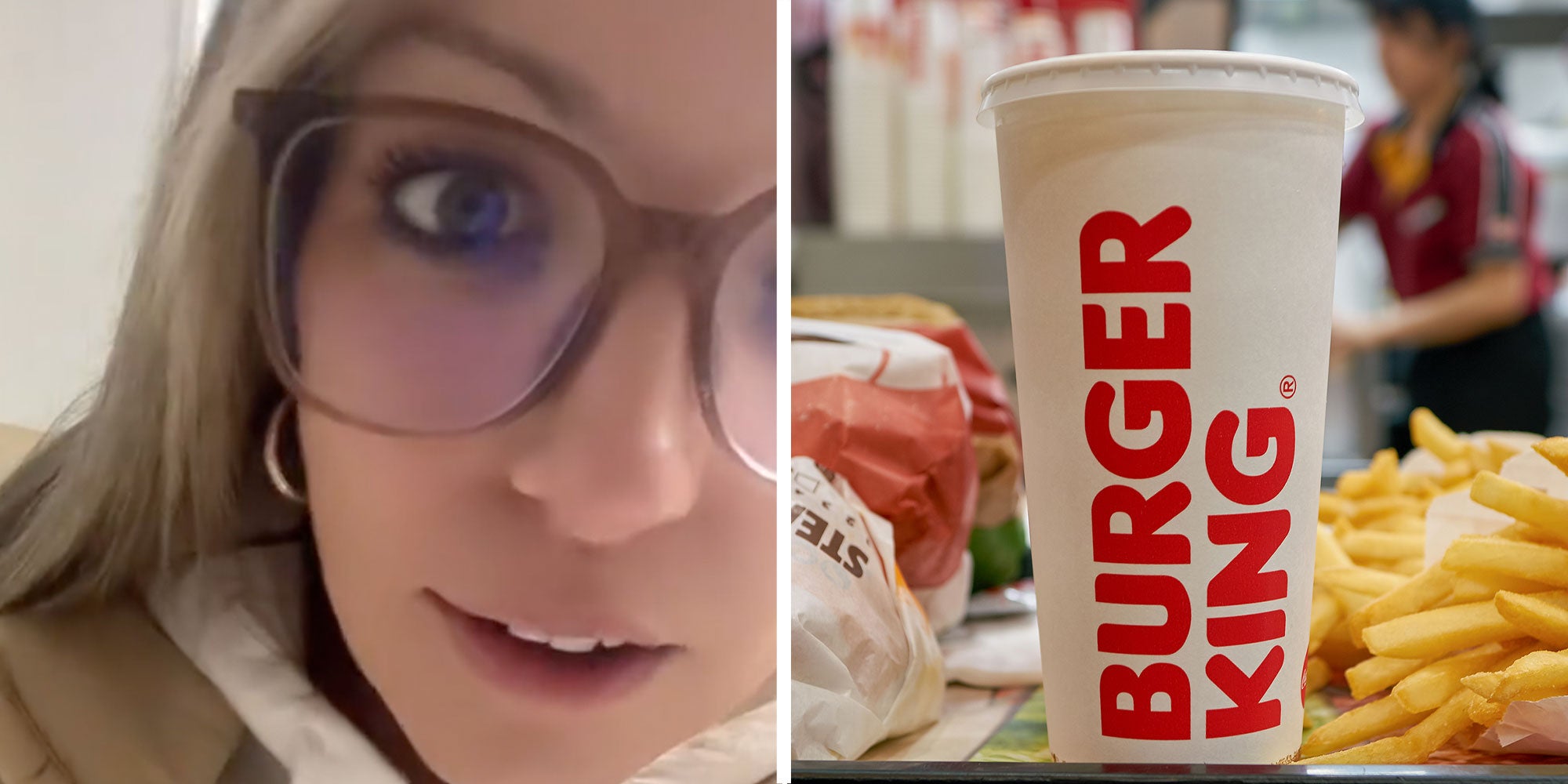 Two panel design of a woman looking frustrated as she talking to the camera, next to an image of a BurgerKing drink