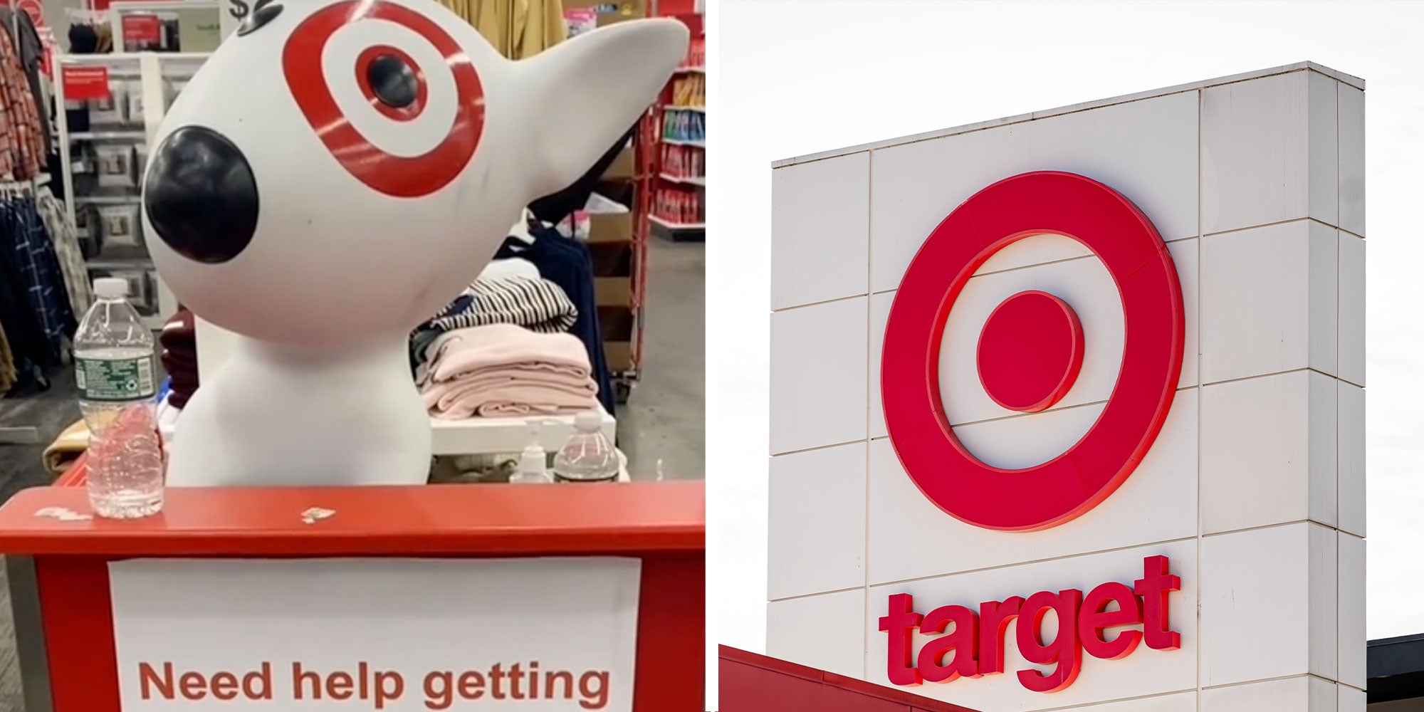 Two panel design with the first showing the Target dog mascot behind a desk that reads 'Need Help Getting...', next to an image of a Target sign