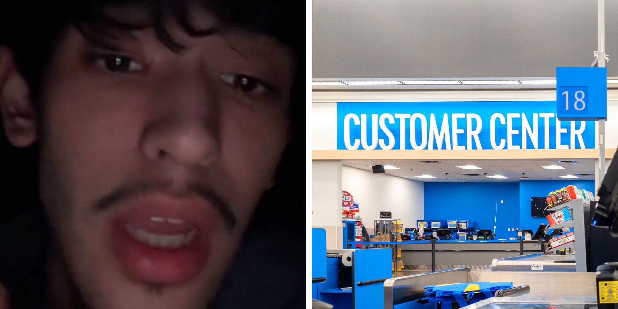 Two panel design with a man looking frustrated, next to an image of a Custom Center