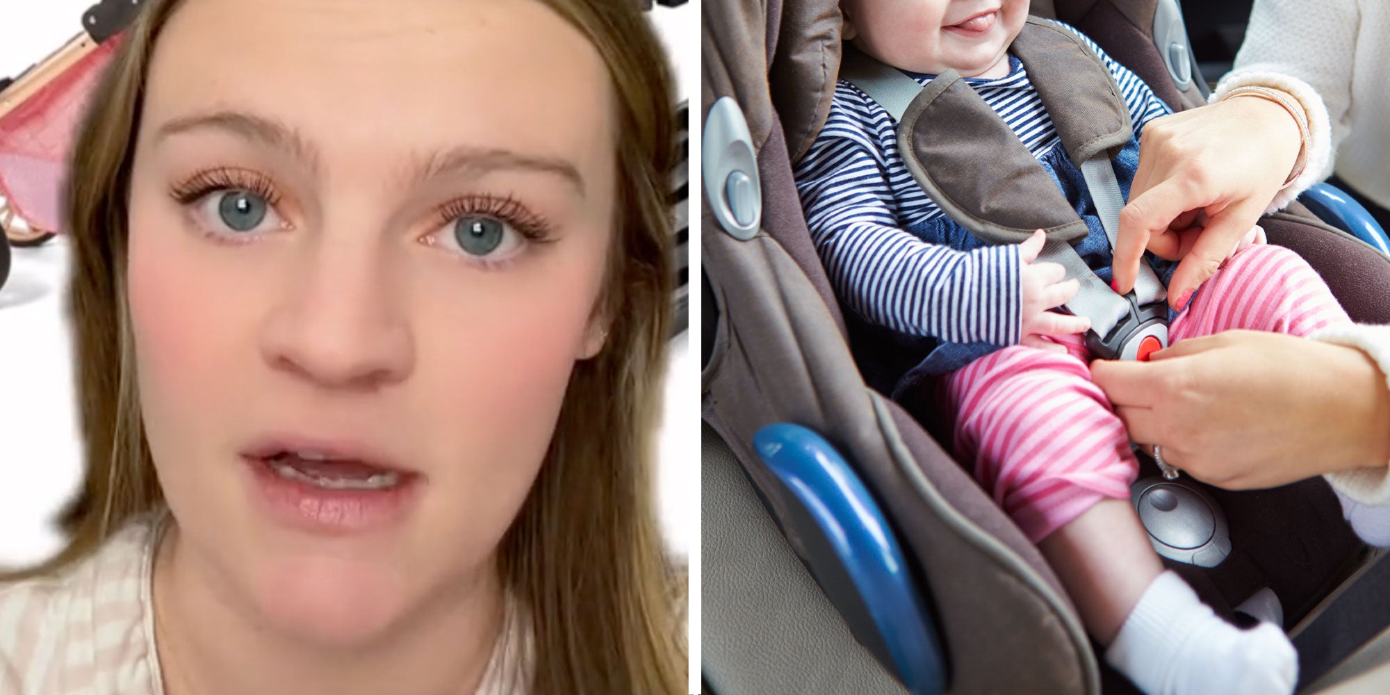 Two panel design with a woman looking at the camera with a concerned look on her face, next to an image of a child being clicked into a car seat