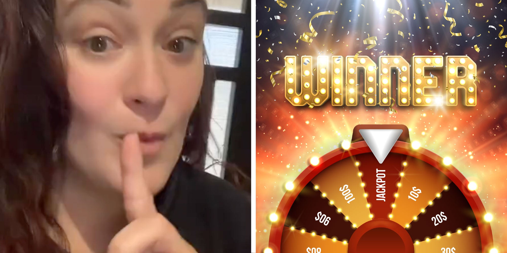 Two panel design with a woman holding up one finger and looking at the camera, next to an image of a Winner sign like that of a c