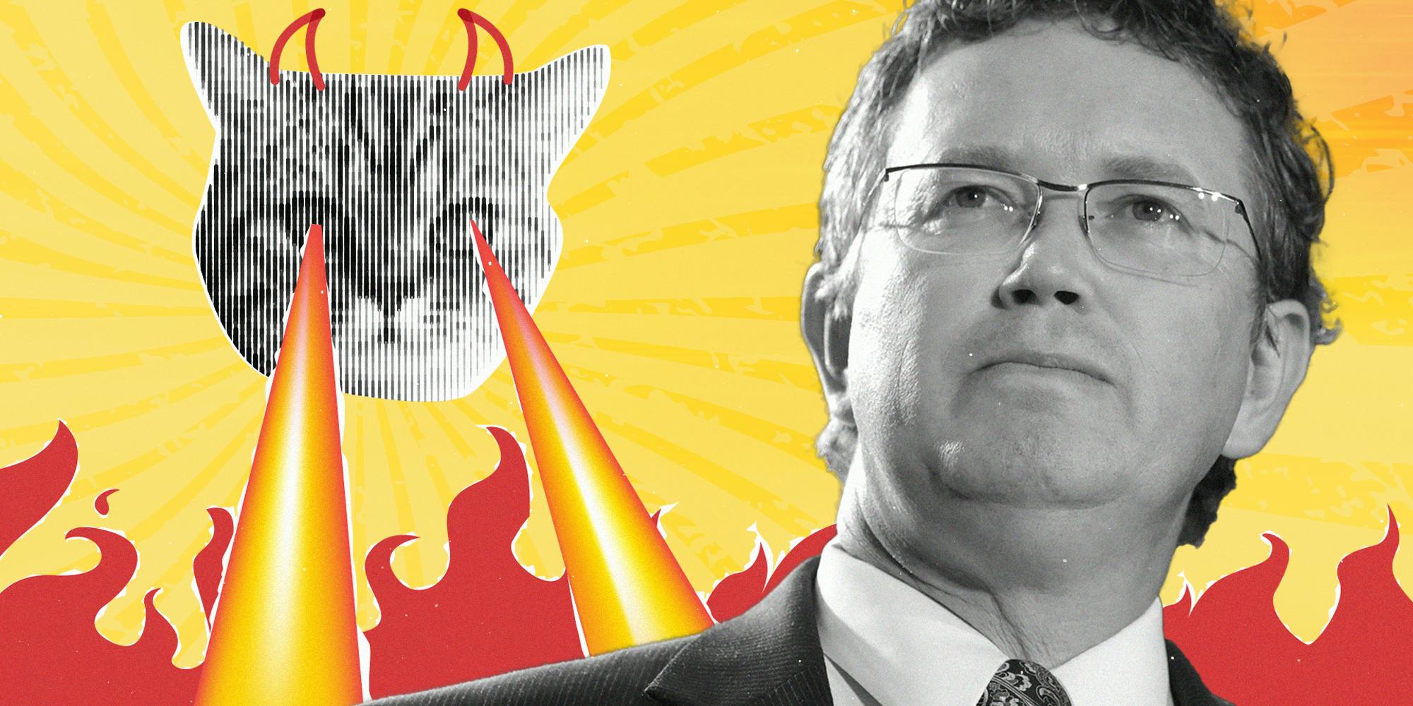 Cut out of Cat Head with Laser Beams shooting out of its eyes and Rep Thomas Massie