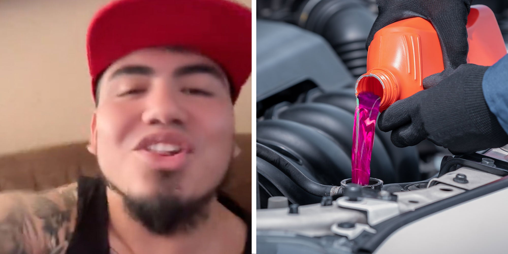 Two panel design with a man looking and talking to the camera, next to an image of someone adding oil to their car