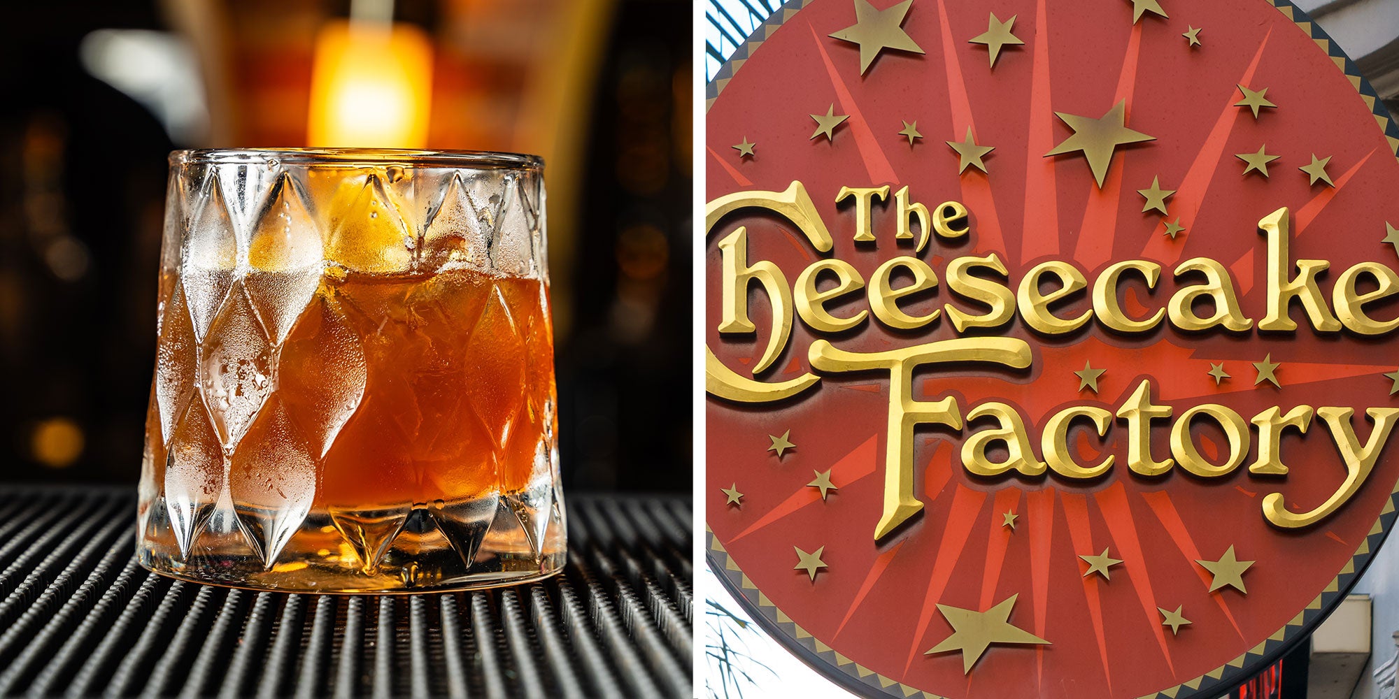 Two panel design with an image on an old fashion, next to an image of the Cheesecake Factory logo sign