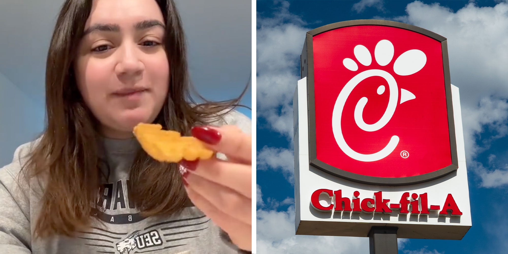 Two panel design with a woman trying fries in one, next to an image of a Chick-Fil-A