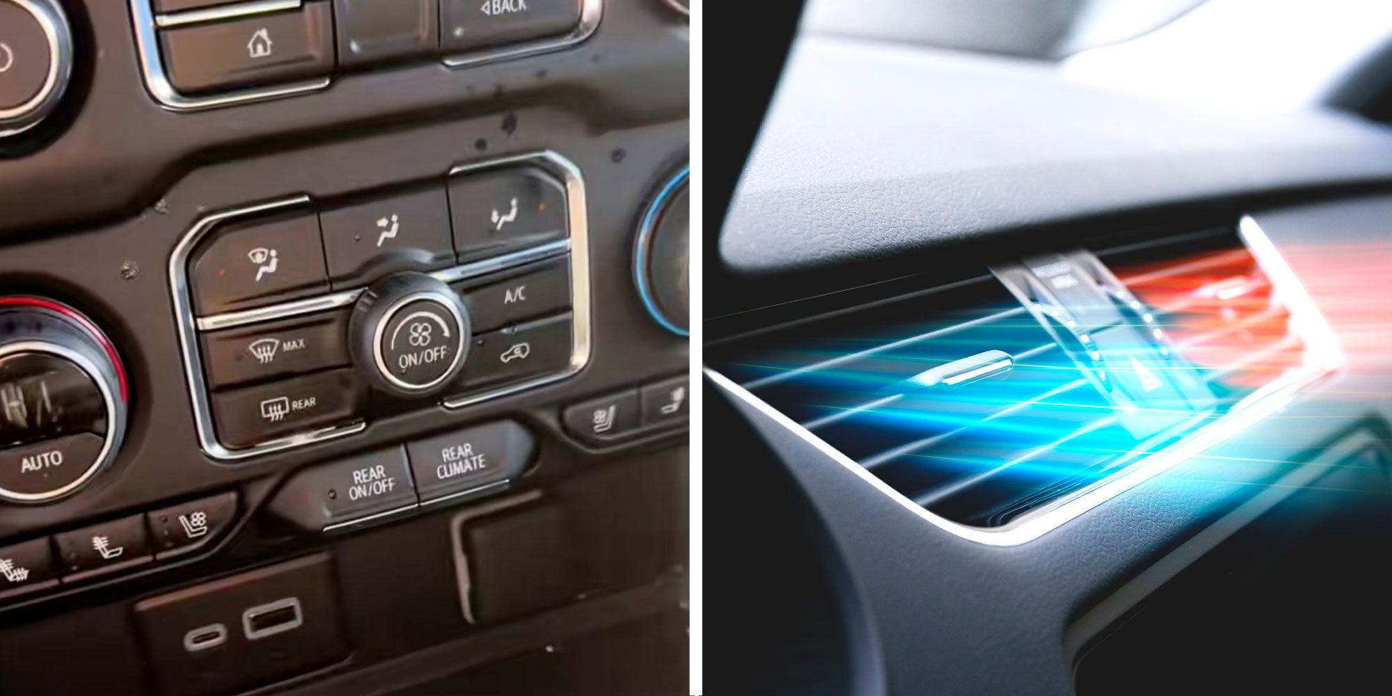 Two panel design with a shot of a Climate control panel in a car, next to an image of a hot and cold air blowing out of air vents in a car