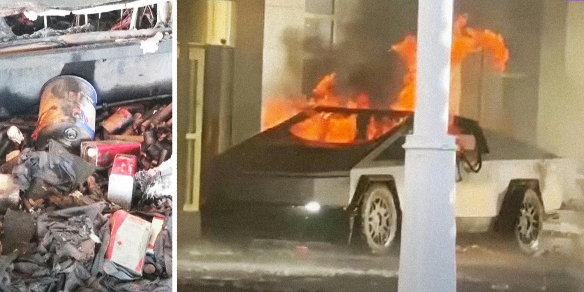 Explosive materials(L), Tesla cybertruck on fire(r)