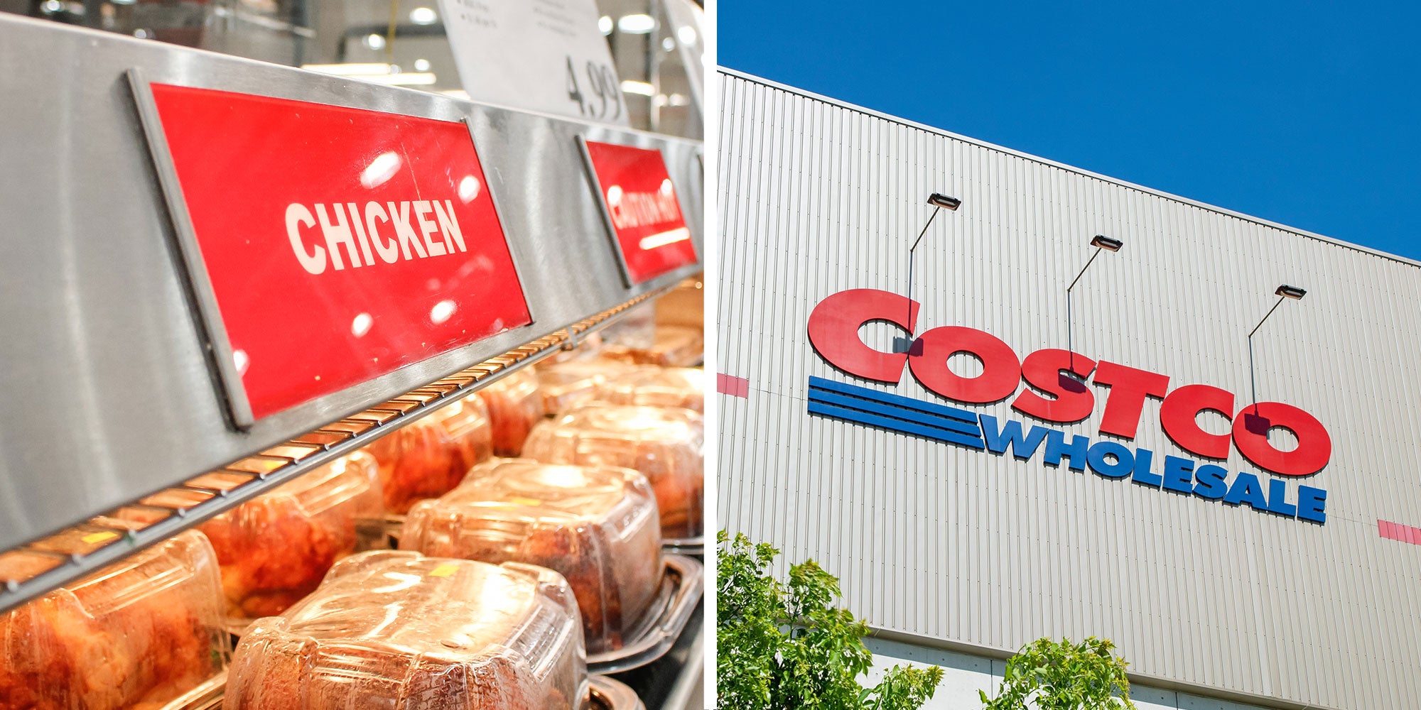 Two panel design with an image of rotisserie chickens sold in a grocery store, next to an image of a Costco sign