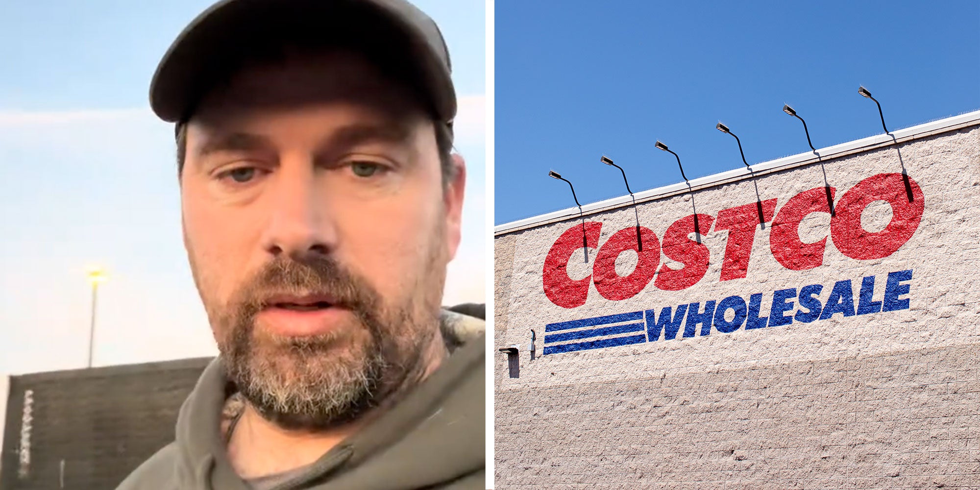 Two panel design with a man looking at the camera from outside, next to an image of a Costco sign