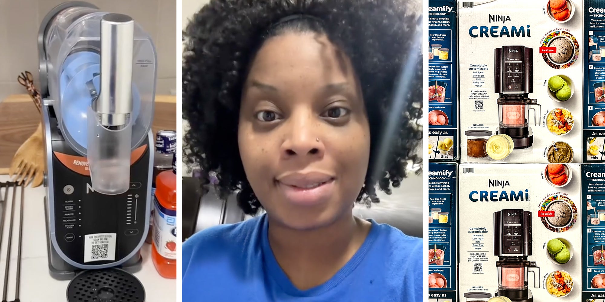 Ninja Creami(l), Woman talking(c), NInja creami boxes(r)