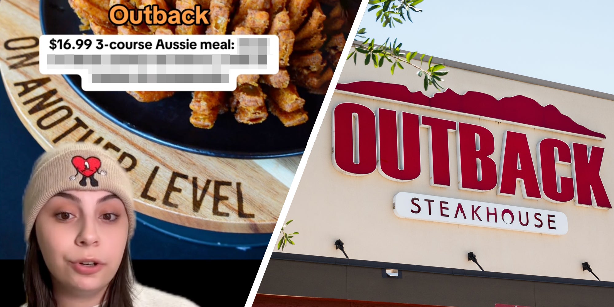 Woman talking with blooming onion in the background and text that says 'Outback: $16.99 3-course Aussie meal with redacted text'(l), Outback steakhouse store front(r)