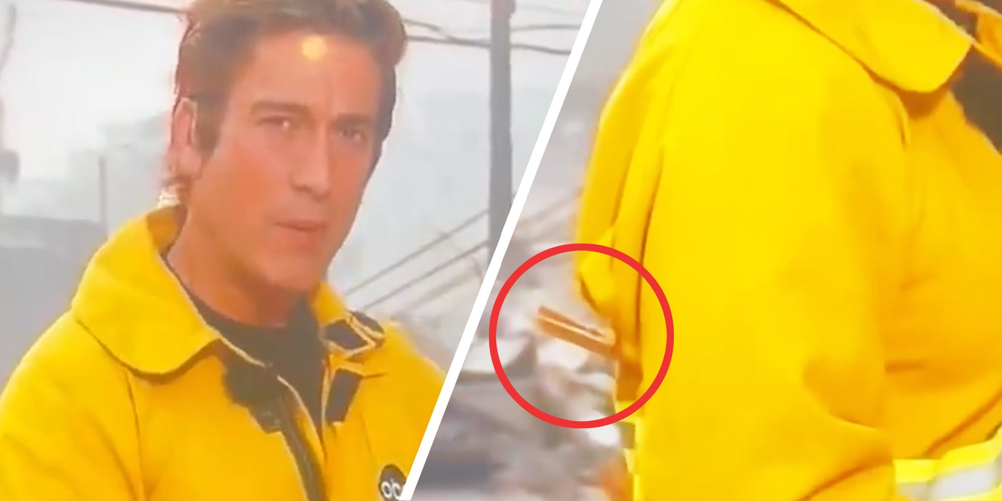 David Muir in firefighter coat(l), Side view with pins in back and circled in red(r)