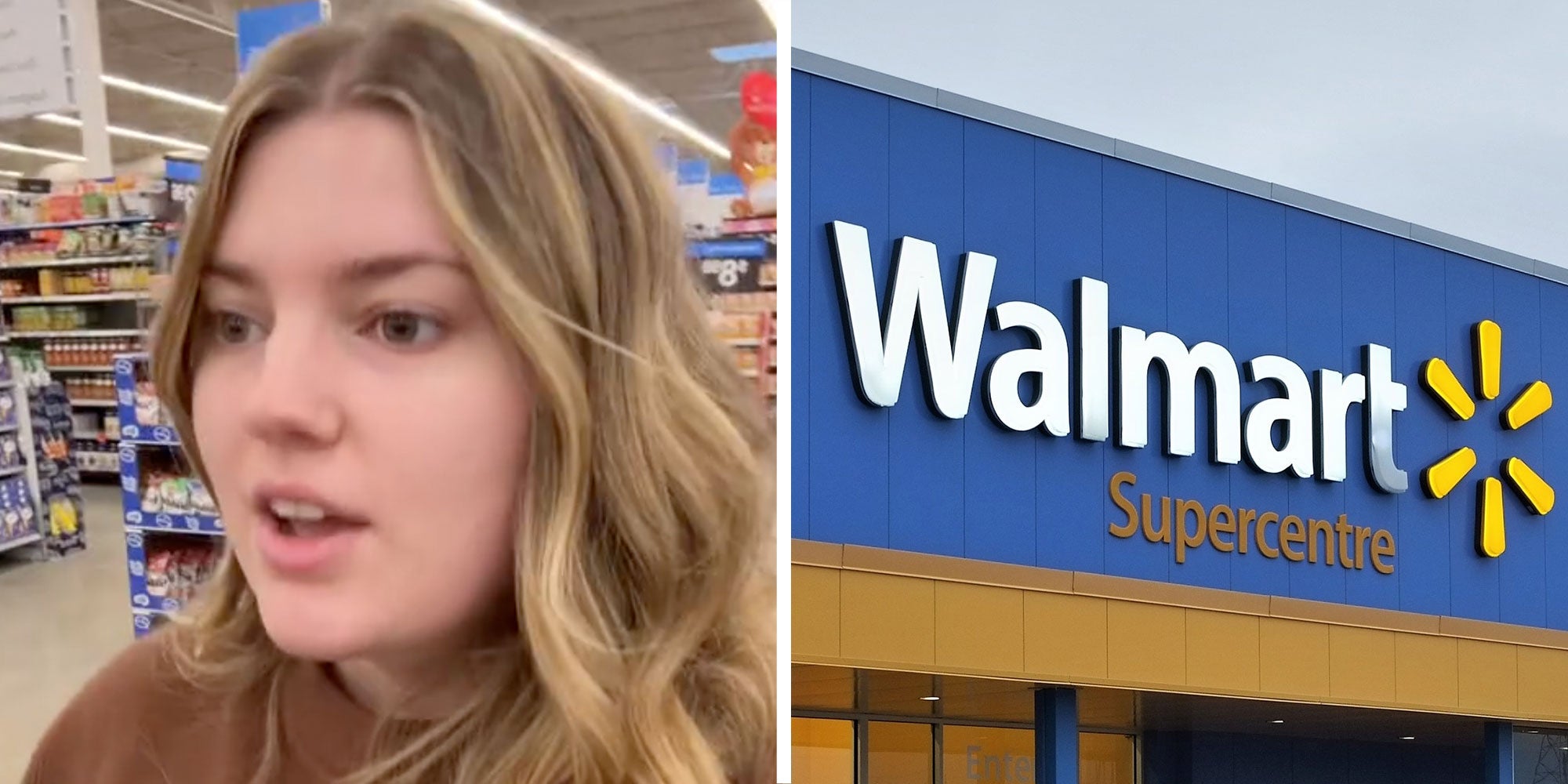 Two panel design with a woman walking and talking while in a Walmart, next to an image of a Walmart sign