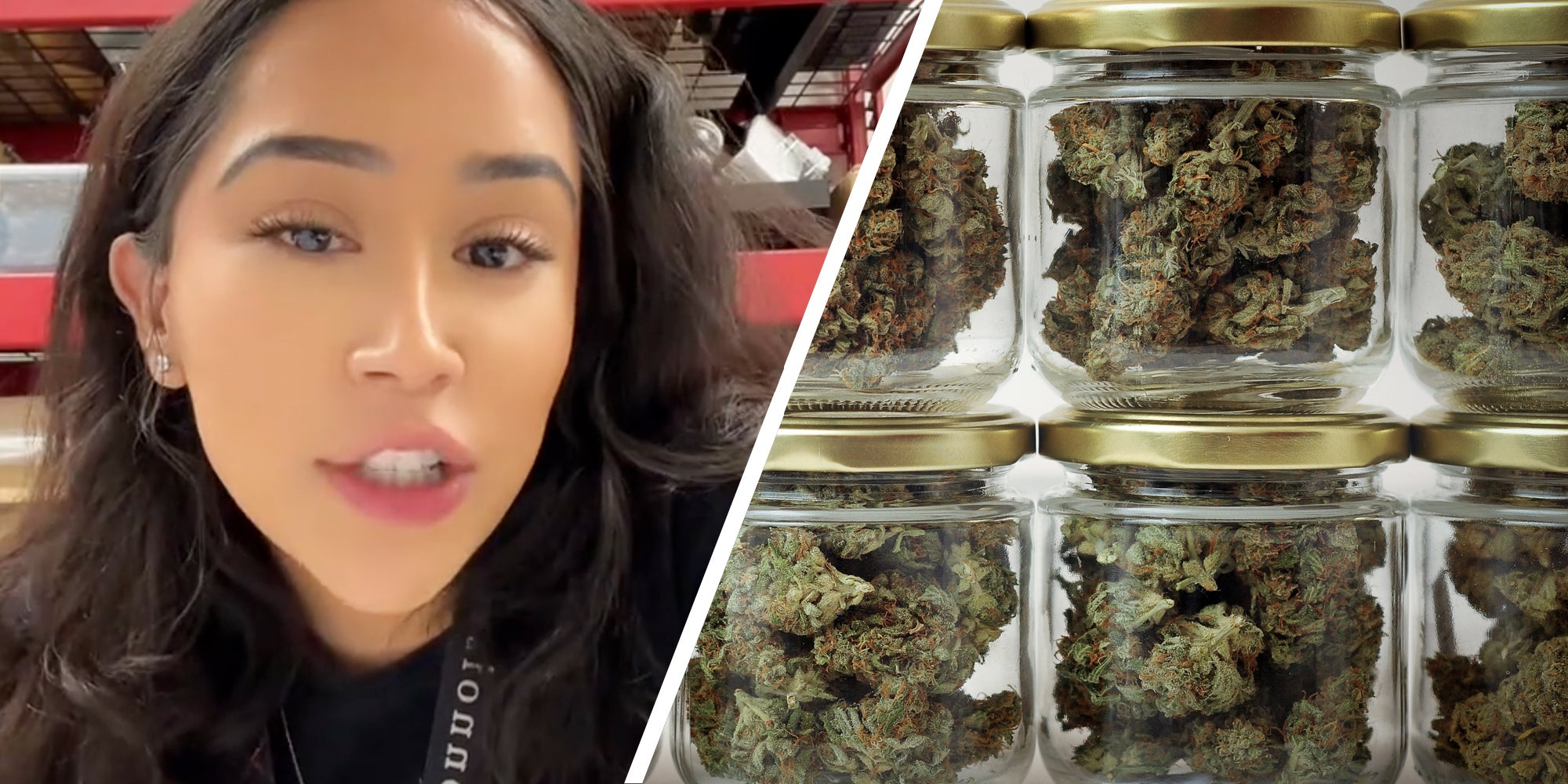 Woman talking(l), Jars of marijuana