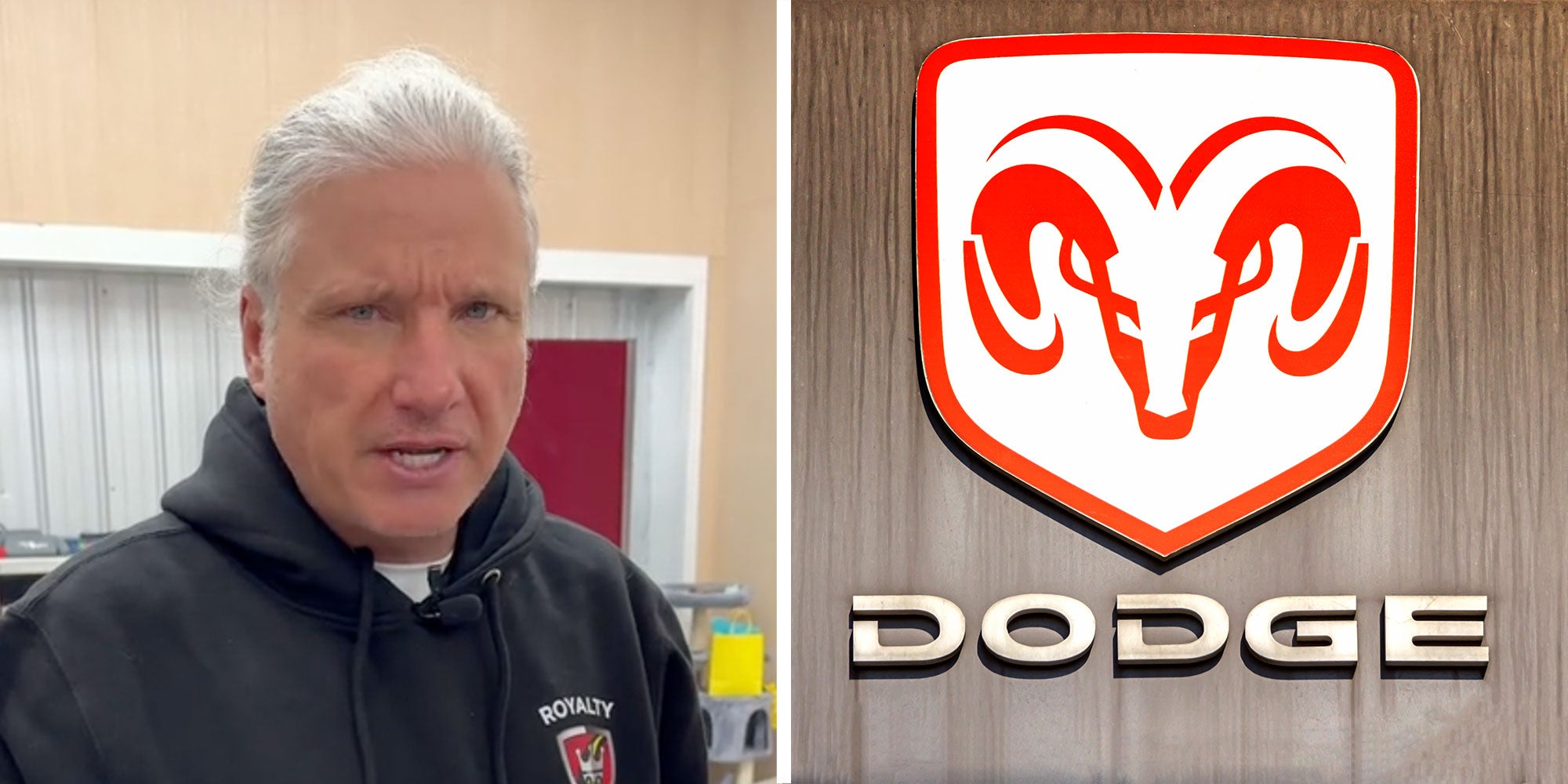 Two panel design with a man looking at the camera with a confused look on his face, next to an image of a Dodge Logo