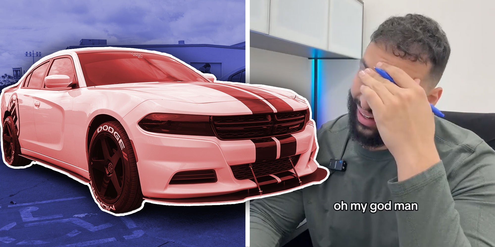 A photo of a 2019 Dodge Charger next to a screenshot of @ridewithyusuf's tiktok with the caption 'oh my god man'.