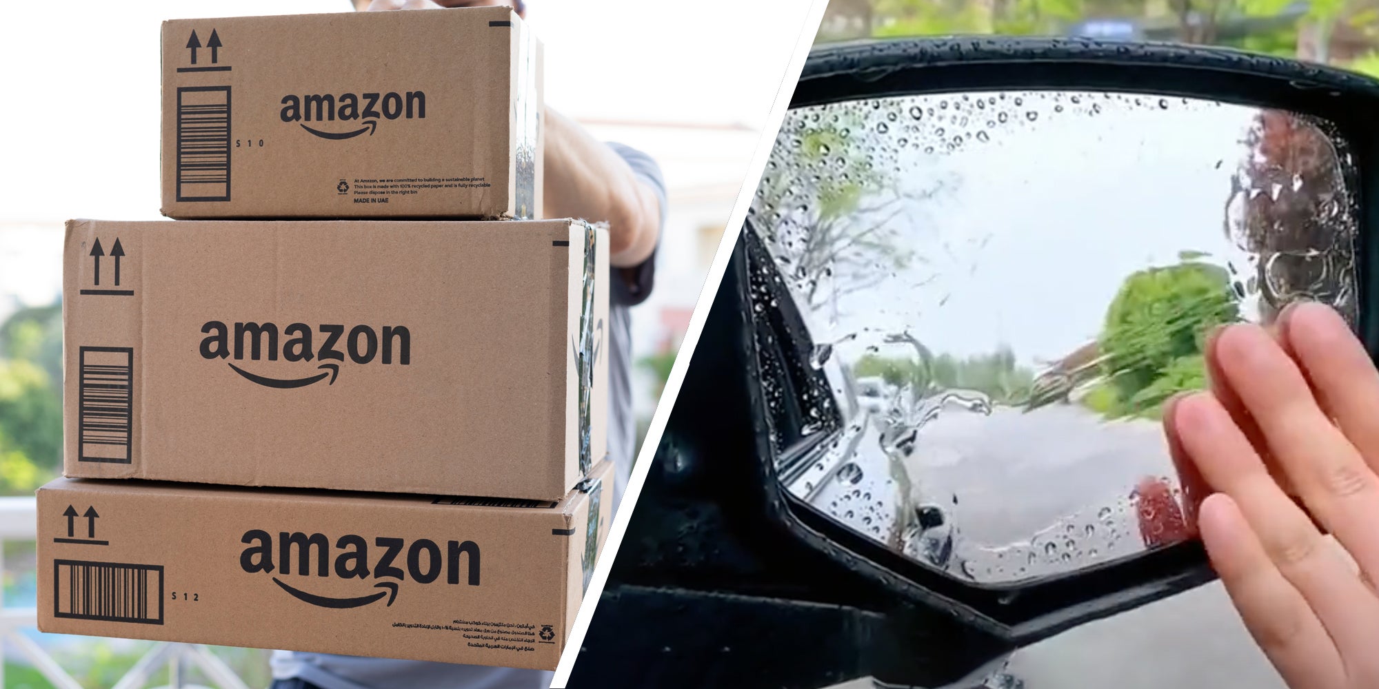 Stacked Amazon boxes(l), Hand wiping rain off side-view-mirror(r)
