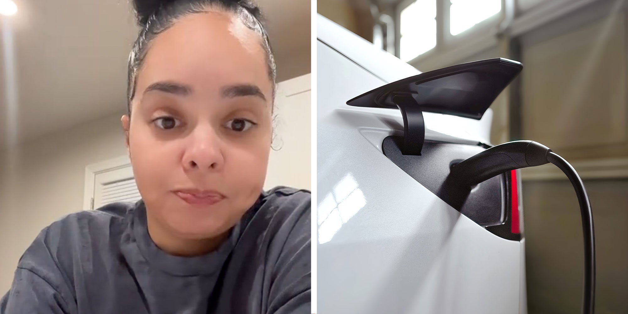 Two panel design with a woman looking upset and at the camera, next to an image of an EV being charged