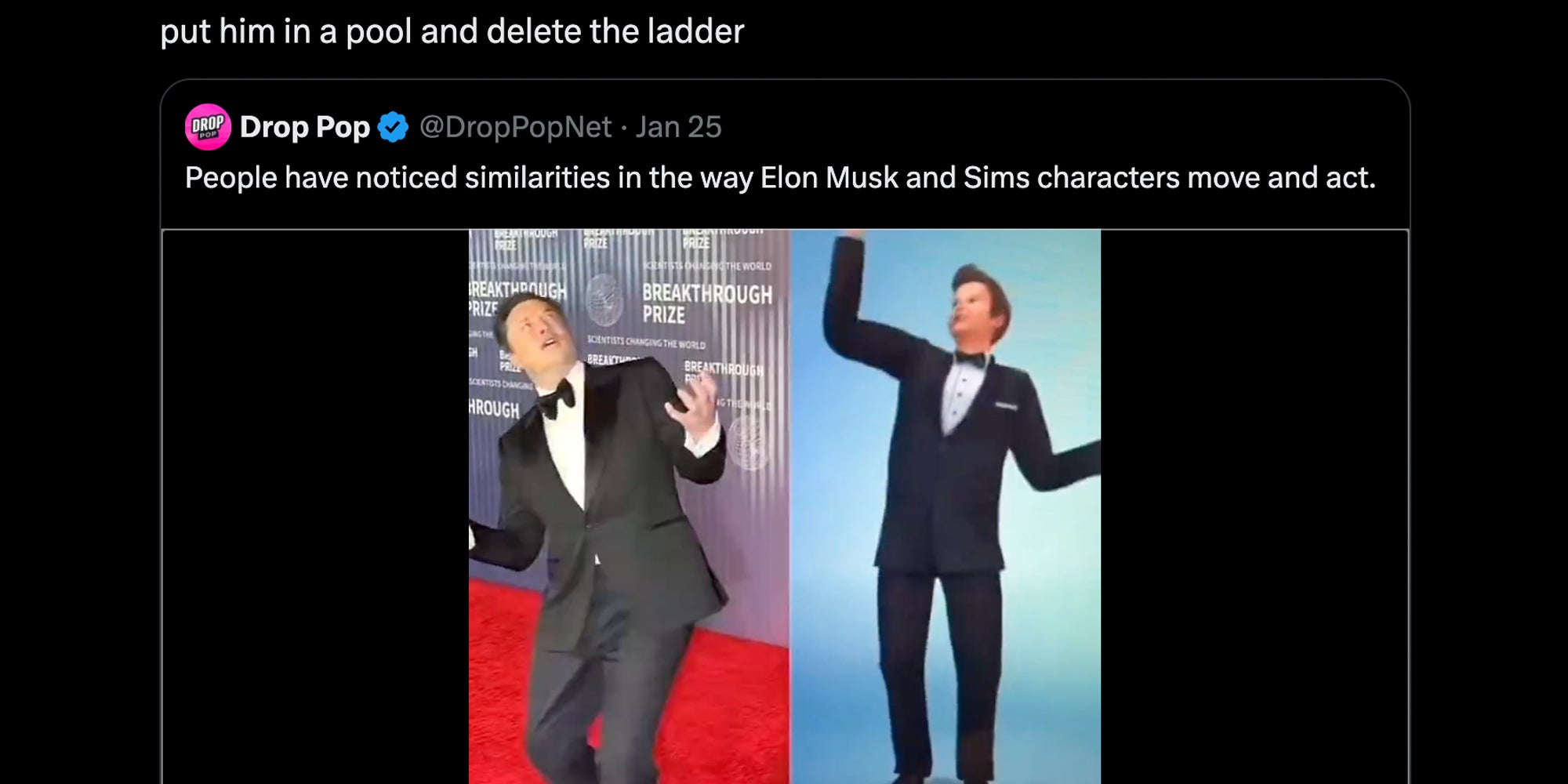 Tweet that says 'put him in a pool and delete the ladder' above retweet that says 'people have noticed similarities in the way Elon Musk and Sims characters move and act' above a split of elon musk and a sim with their arms up