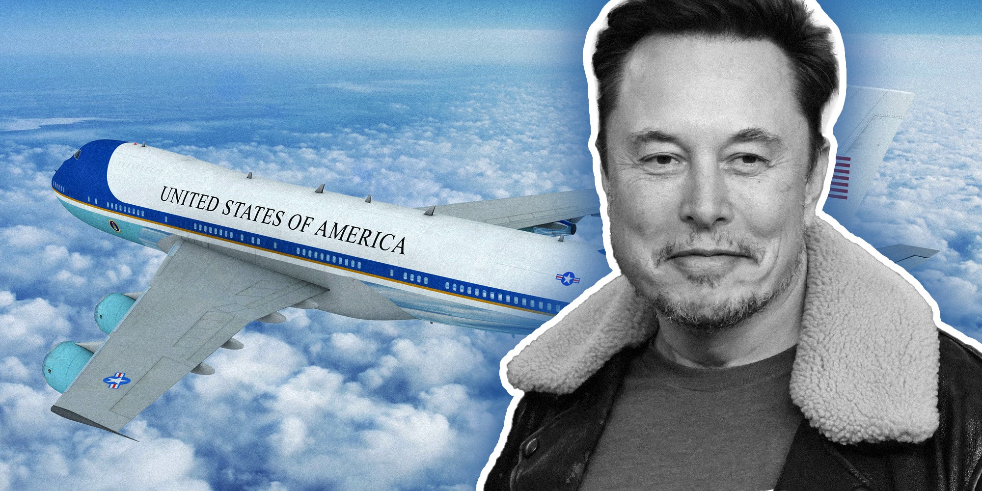 Elon Musk over air force one in the sky