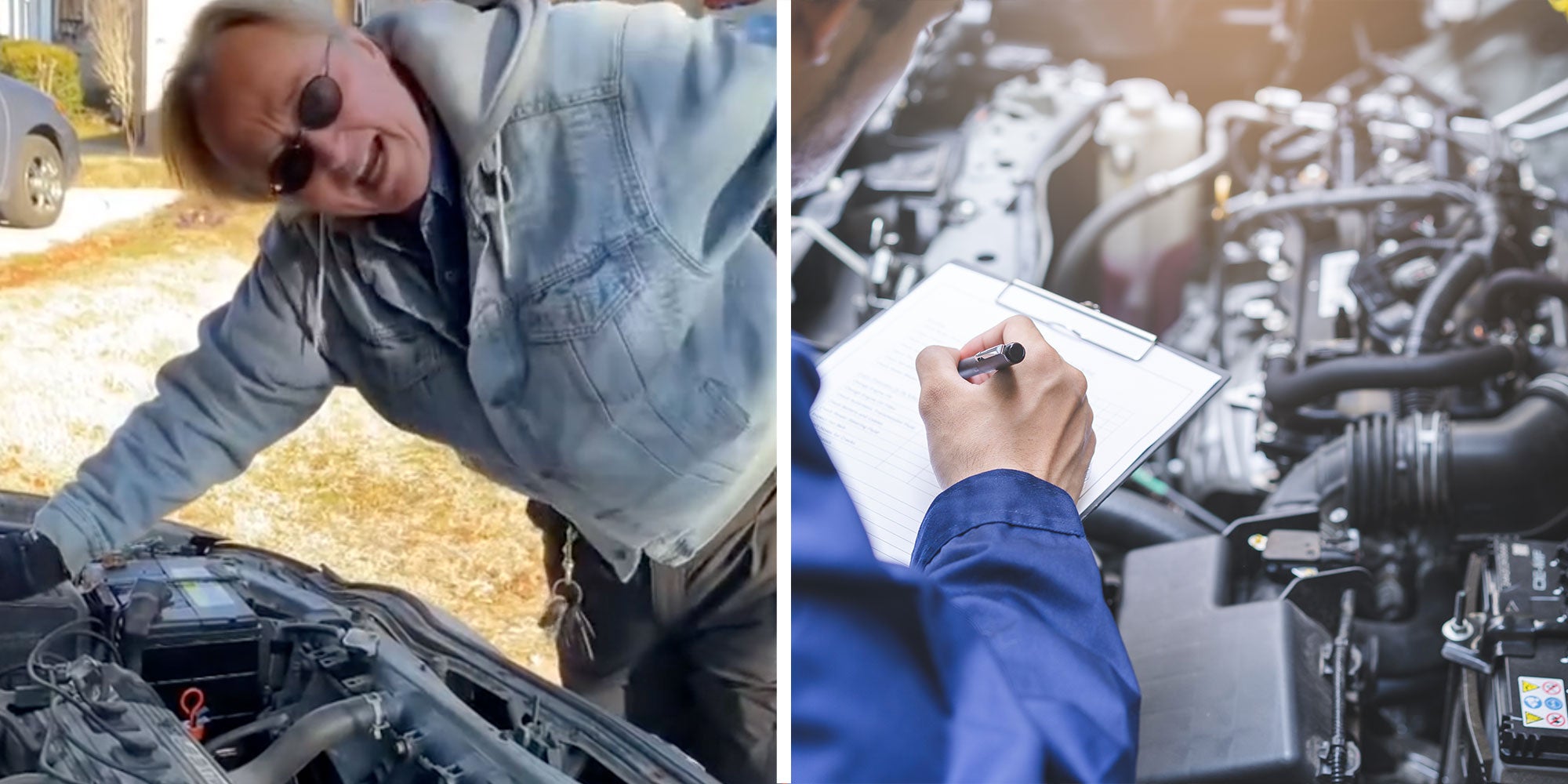 Two panel design with a man looking at the camera while we works over a car engine, next to an image a car engine and someone taking notes